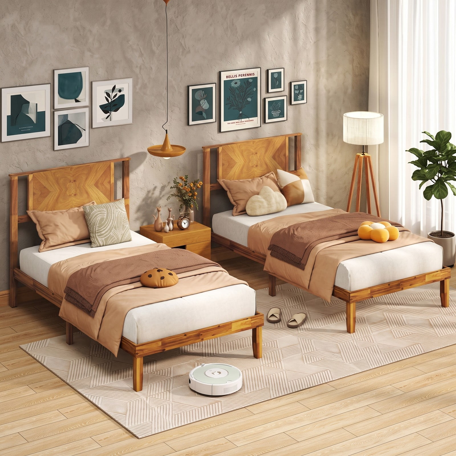 Furnibear Queen Size Bed Frame with Mid-Century Headboard, Acacia Wood Platform Bed Frame with Slat Support, Rustic Golden Brown