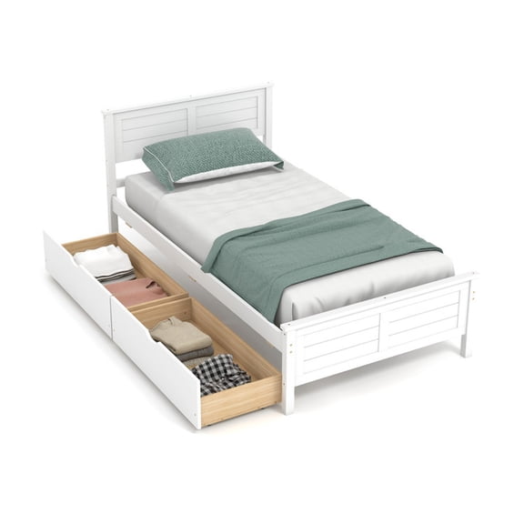 Furnibear Twin Size Bed Frame with Storage Drawers, White - Space Saving Foldable Sleeper Home Furniture