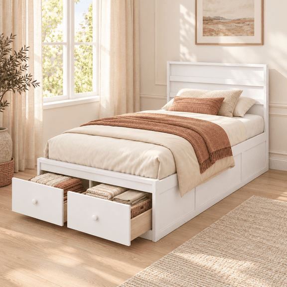 Furnibear Twin Size Bed Frame with Storage, Twin Bed Frame with 2 Storage Drawers and Headboard, Platform Bed for Bedroom, White