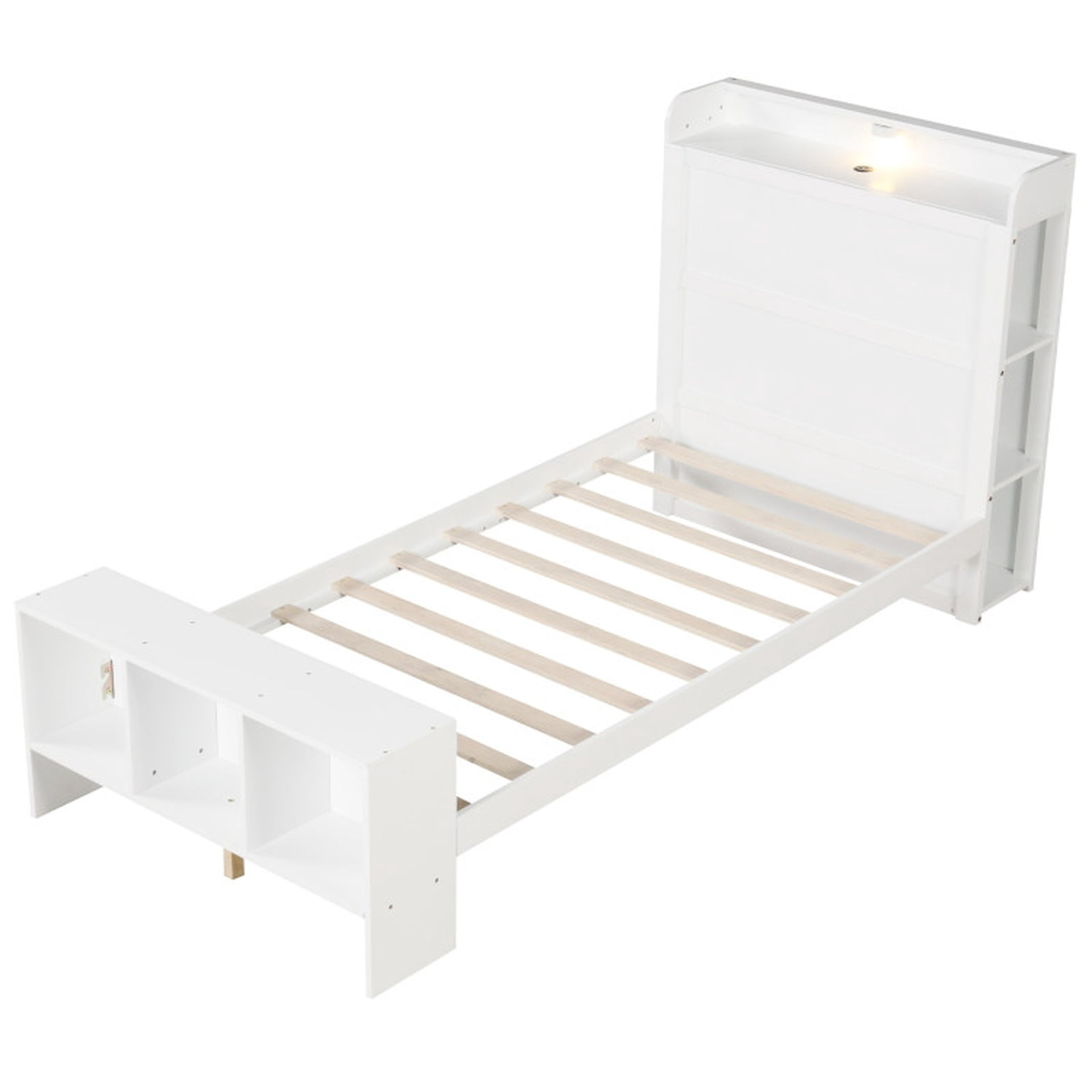 Furnibear Twin Size Bed Frame with Storage Headboard Footboard 2 USB Ports and 3 Color Adjustable LED Lights No Box Spring Needed, White