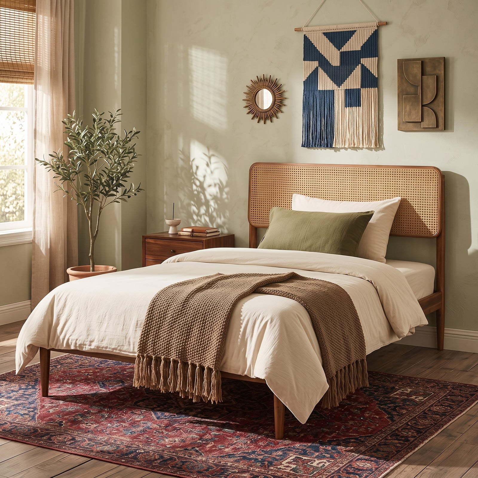Furnibear Twin Bed Frame with Storage, Boho Rattan Wood Platform Bed with Acacia Wood Slat Support and Woven Headboard, No Box Spring Needed, Brown