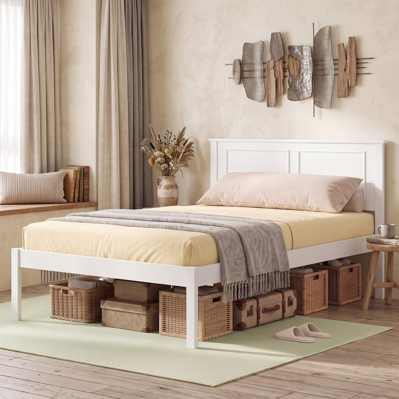 Furnibear Twin Bed Frame, Farmhouse Wood Platform Bed Frame with Paneled Headboard, Twin Bed Frame with Under Bed Storage for Bedroom, White