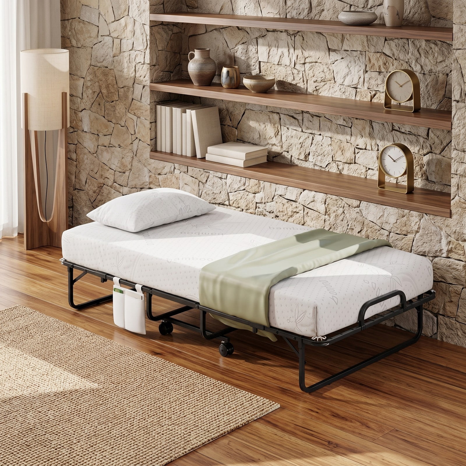 Furnibear Twin Size Folding Bed with 5 Inch Foam Mattress and Wheels for Guest Room and Apartment with Space Saving Design, Black