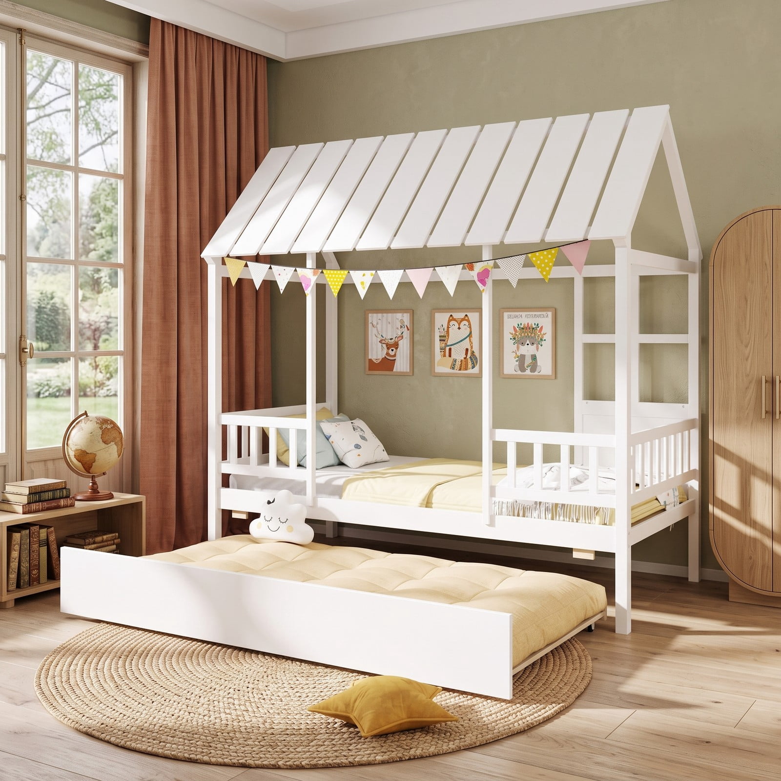 Furnibear Twin Size House Bed Frame with Trundle and Roof and Guardrail for Kids Bedroom, Space-Saving Platform Bed, White