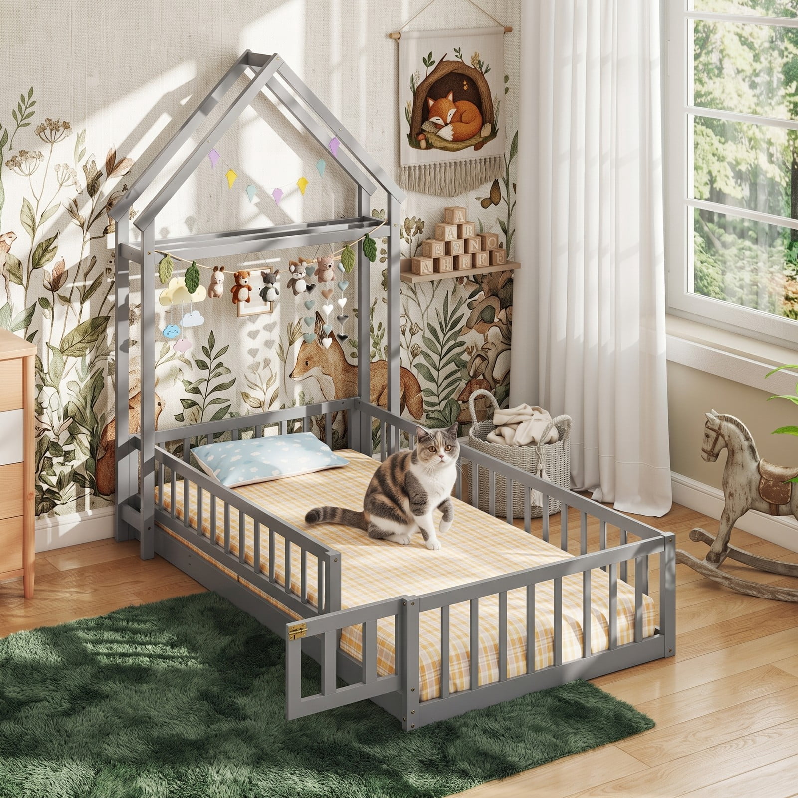 Furnibear Full Size House Floor Bed, Montessori Floor Bed with House-Shaped Frame and Full-Length Fence Guardrails for Kids Room, Gray