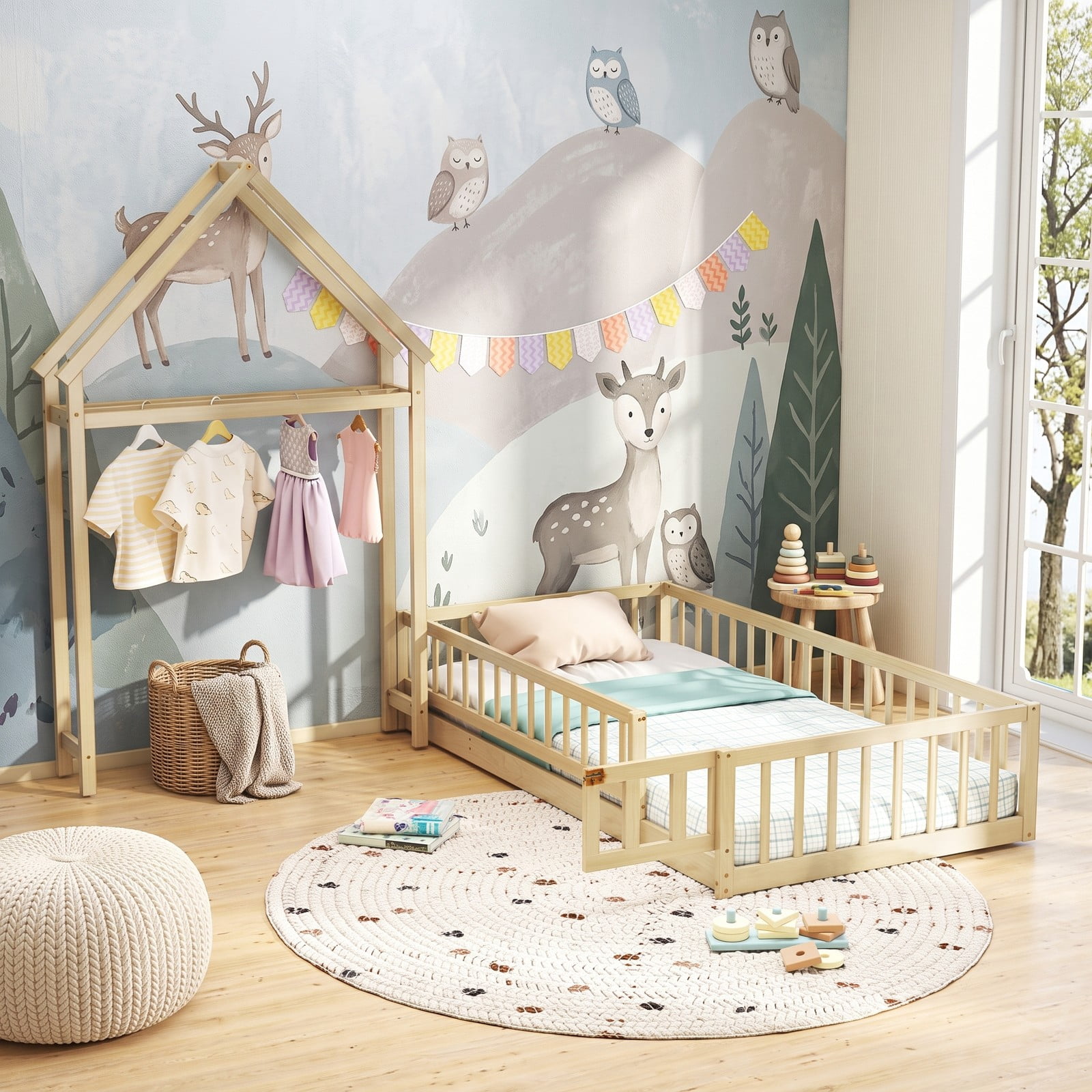 Furnibear Full Size Bed Frame House Floor Bed with House-Shaped Frame and Full-Length Fence Guardrails for Kids Room, Natural