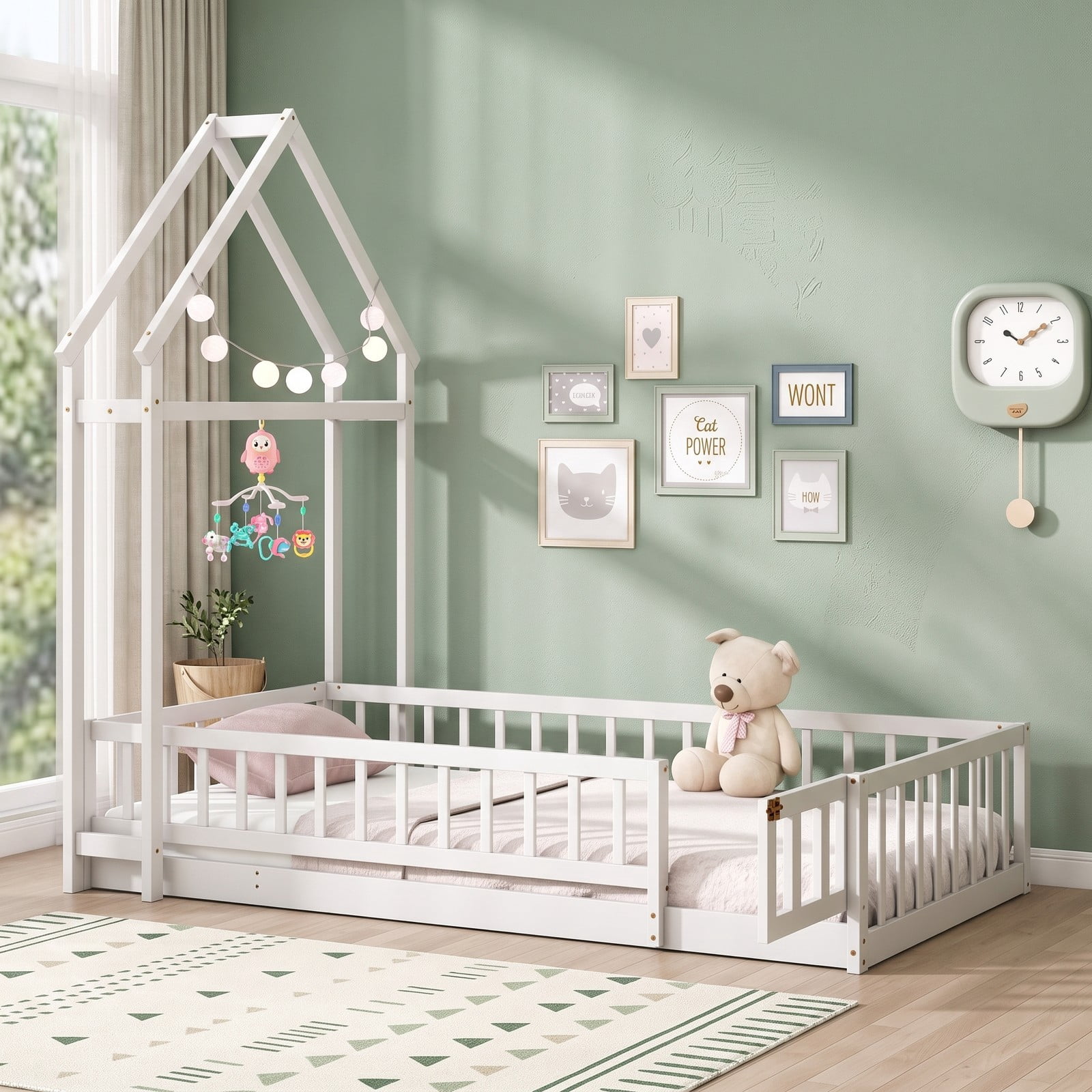 Furnibear Full Size House Floor Bed with House-Shaped Frame and Full-Length Fence Guardrails, Montessori Floor Bed for Kids Room, White