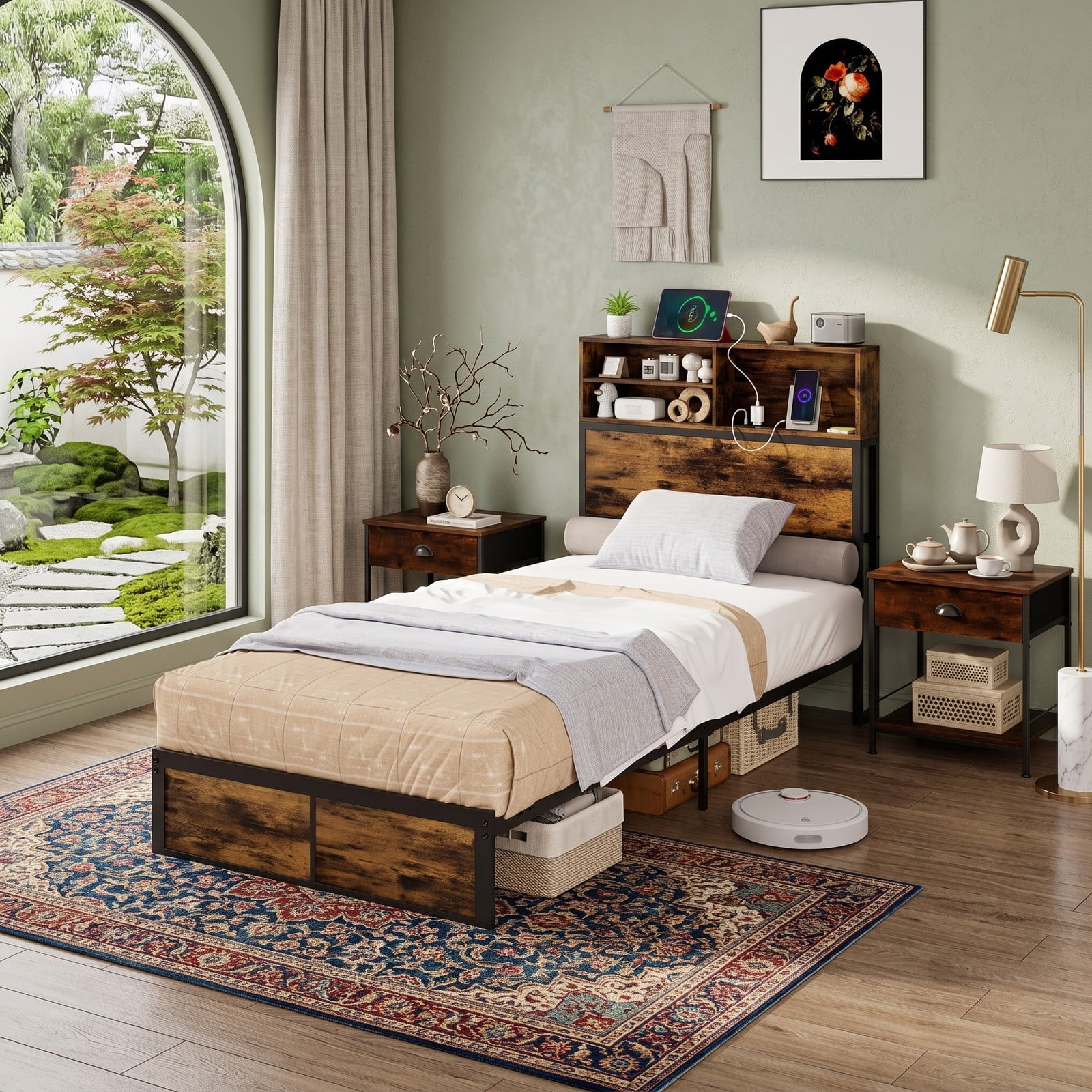 Furnibear Queen Bed Frame with Storage Headboard, Industrial Metal Platform Bed Frame with Charging Station and USB Ports, No Box Spring, Rustic Brown