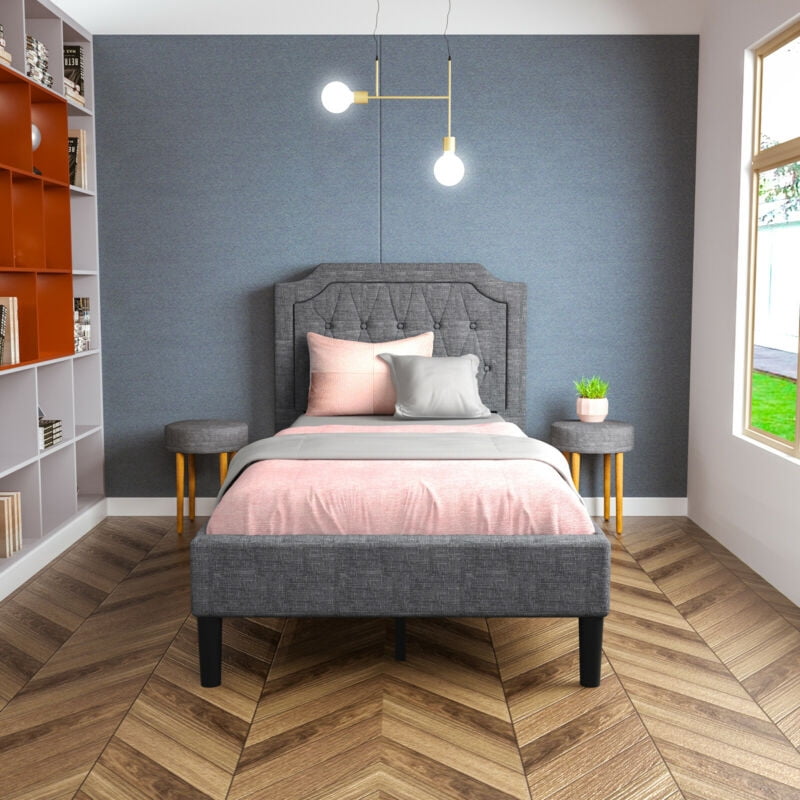 Furnibear Twin Bed Frame, Linen Upholstered Platform Bed Frame with Button Tufted Headboard and Wood Slat Support for Bedroom, Gray