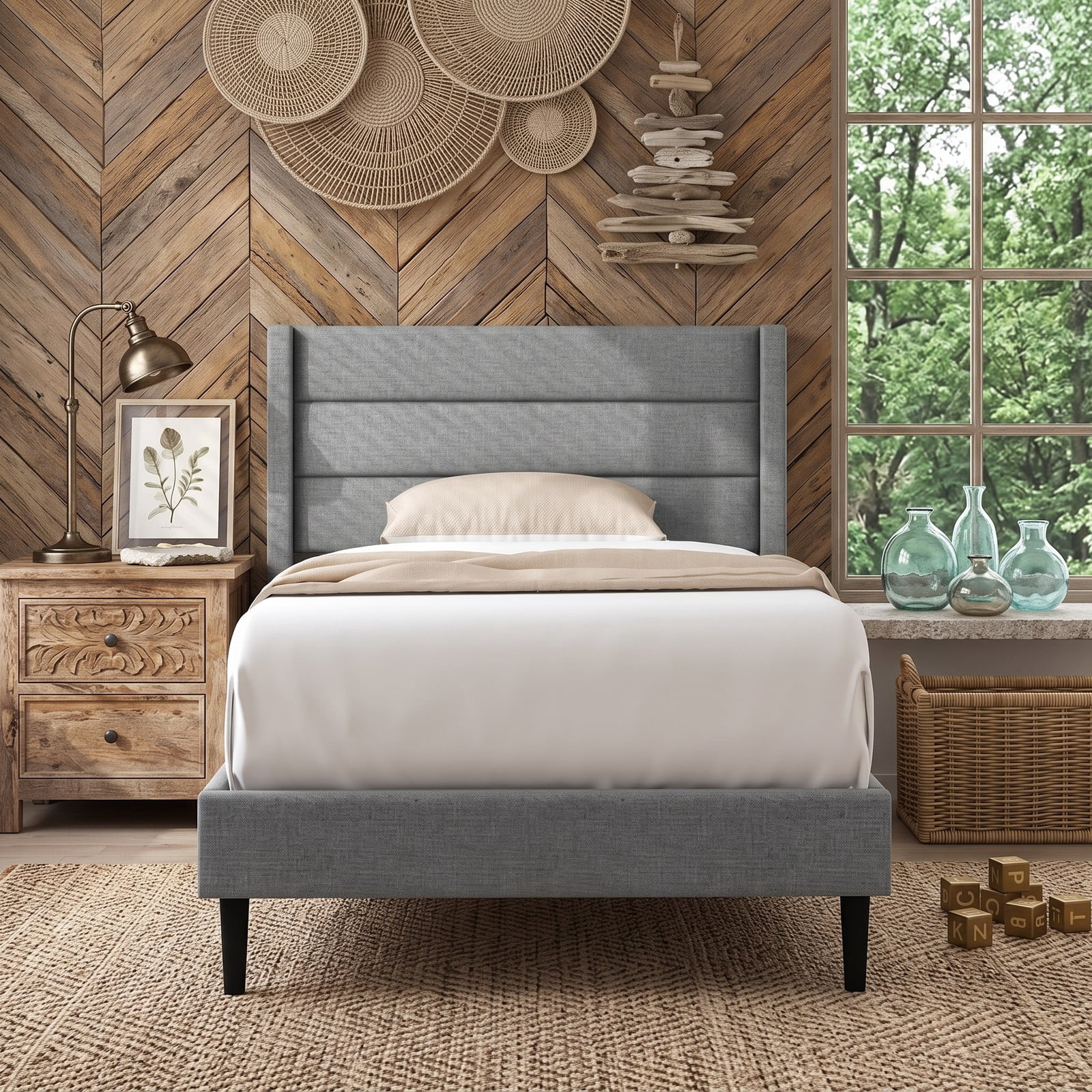 Furnibear Twin Bed Frame Linen Upholstered Platform Bed with Wingback Channel Headboard, Wood Slat Support No Box Spring Needed, Gray