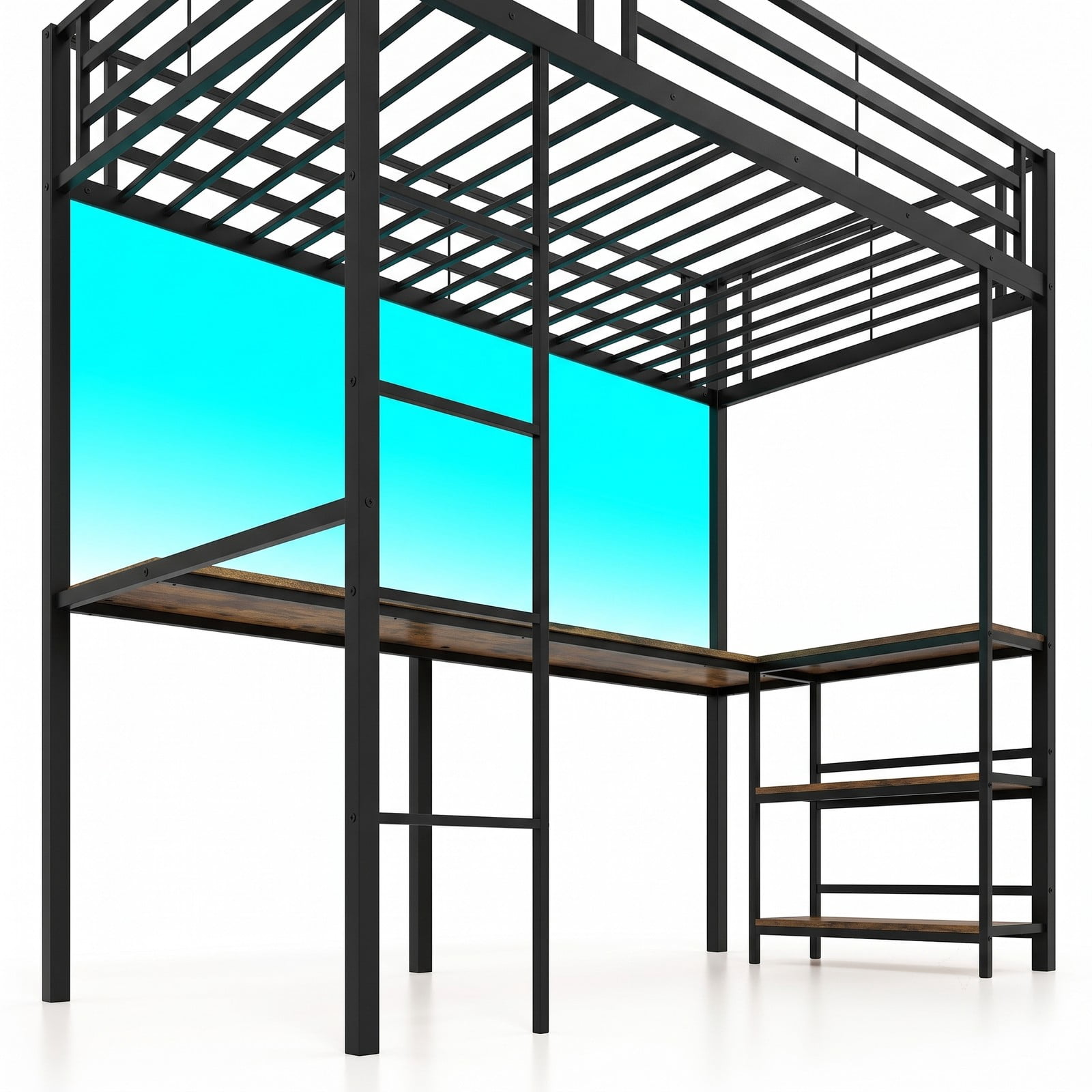 Furnibear Twin Size Loft Bed with Desk and 2 Storage Shelves for Teens Dorm Bedroom, Metal Loft Bed Frame with LED Lights and Ladder, Black