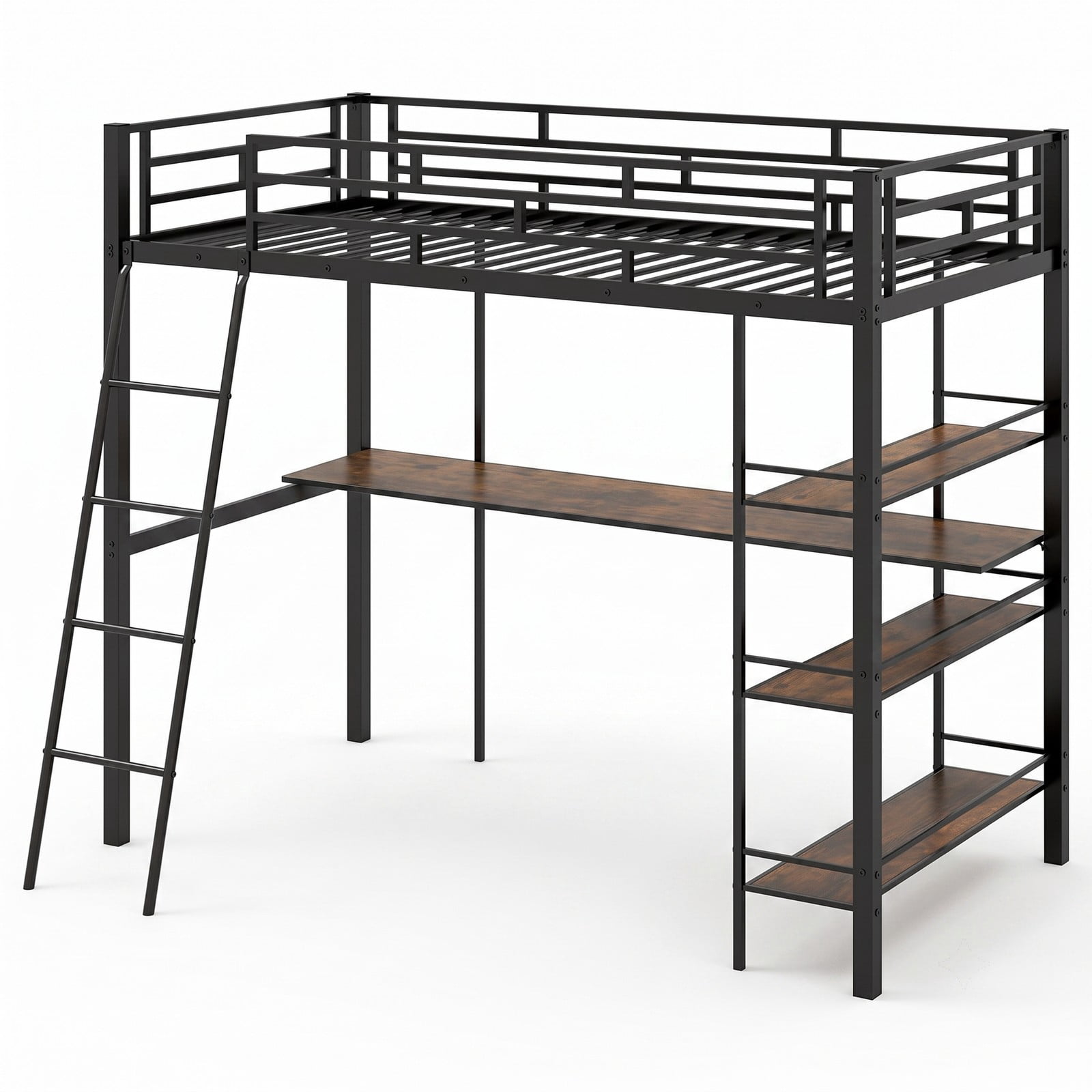Furnibear Twin Size Loft Bed with Desk and 3-Tier Shelves for Kids and Home, Space-Saving Metal Loft Bed Frame with Ladder and Guardrails, Black