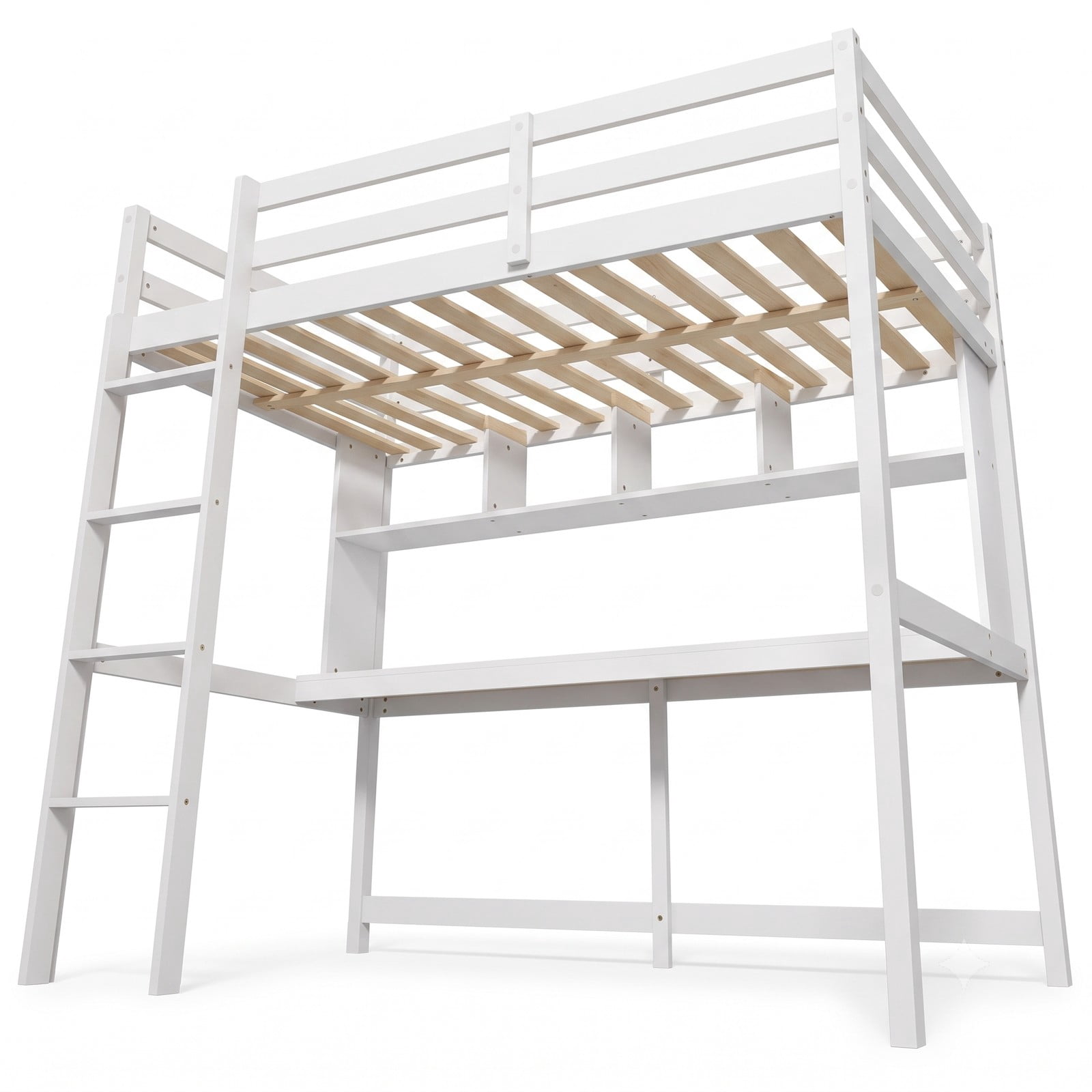 Furnibear Twin Size Loft Bed with Desk and Shelves for Home Dorm Apartment, Space-Saving Wood High Loft Bed with Ladder, No Box Spring Needed, White