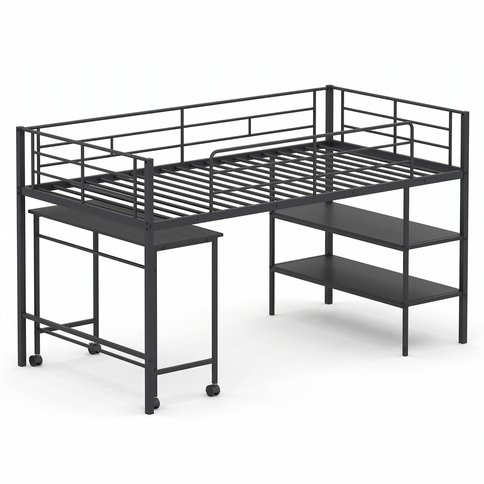 Furnibear Twin Size Loft Bed with Rolling Desk and Bookshelf for Home Office Bedroom, Space-Saving Metal Loft Bed Frame with Ladder, Black