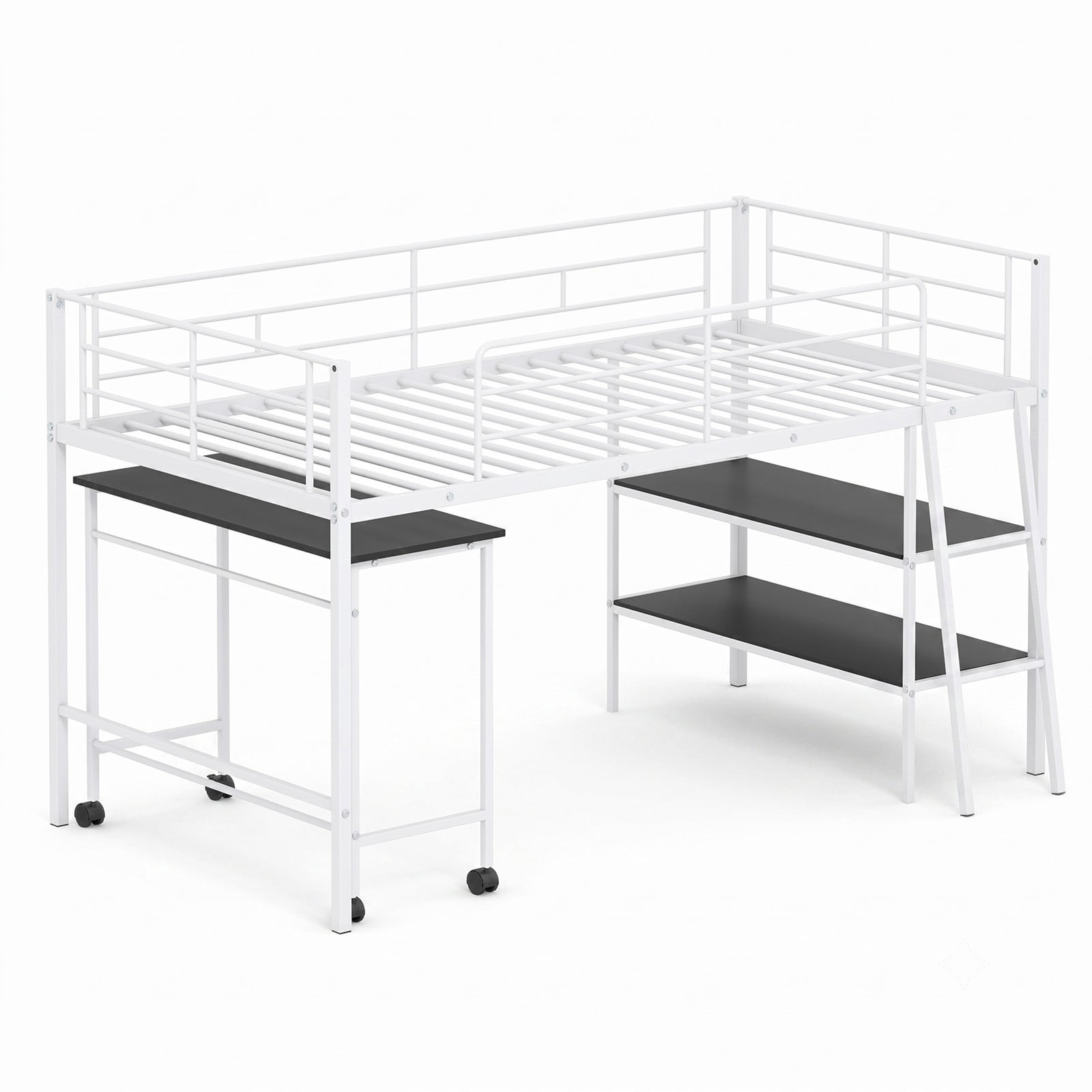 Furnibear Twin Size Loft Bed with Rolling Desk and Bookshelf for Home Office Bedroom, Space-Saving Metal Loft Bed Frame with Ladder, White