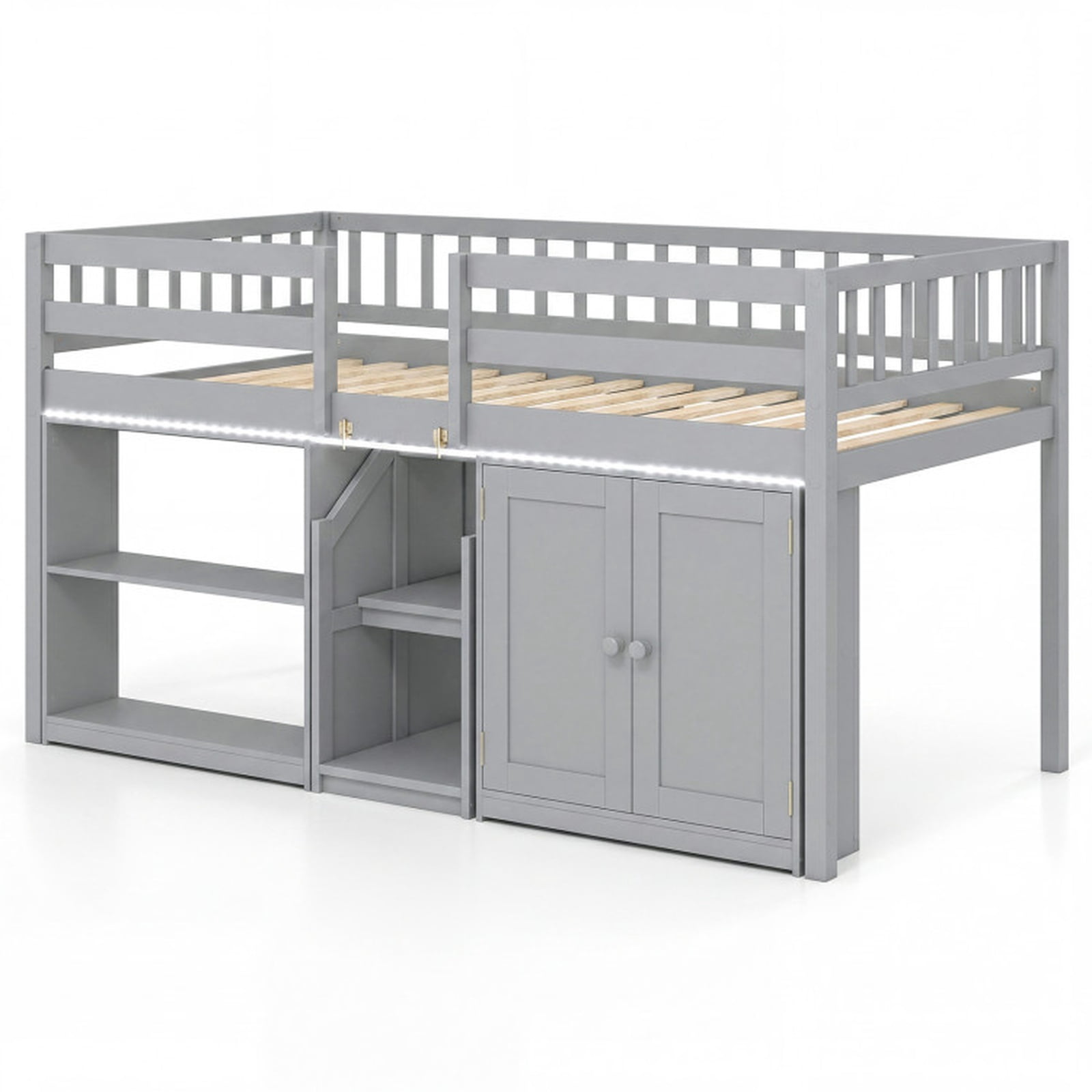 Furnibear Twin Size Loft Bed with Warm White LED Lights Storage Bookcase Cabinet Full Length Guardrails Stairs and 14 Plywood Slats, Gray