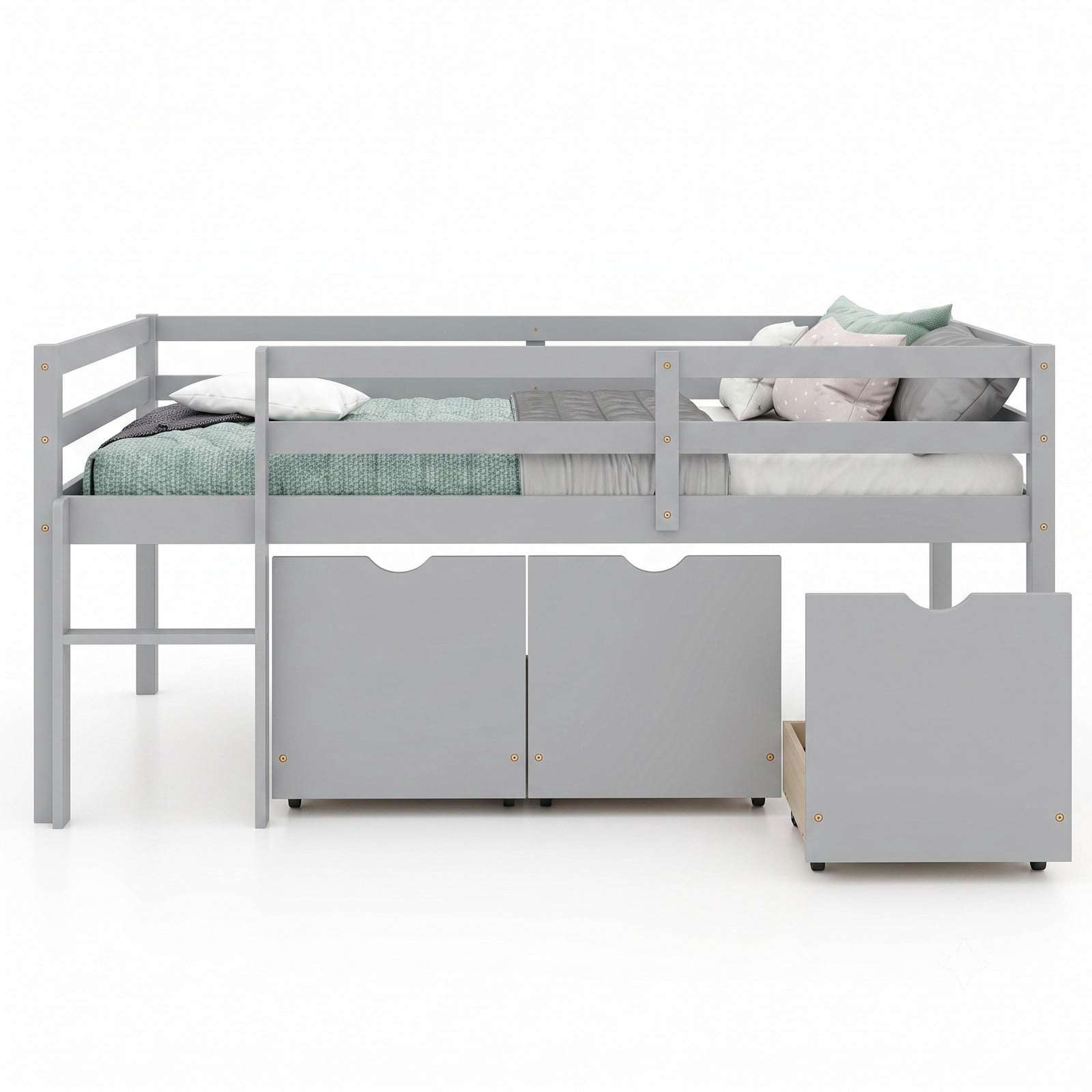 Furnibear Twin Size Low Loft Bed with 3 Drawers and Full-length Guardrails for Kids Bedroom, Wood Loft Bed with Storage and Ladder, Gray