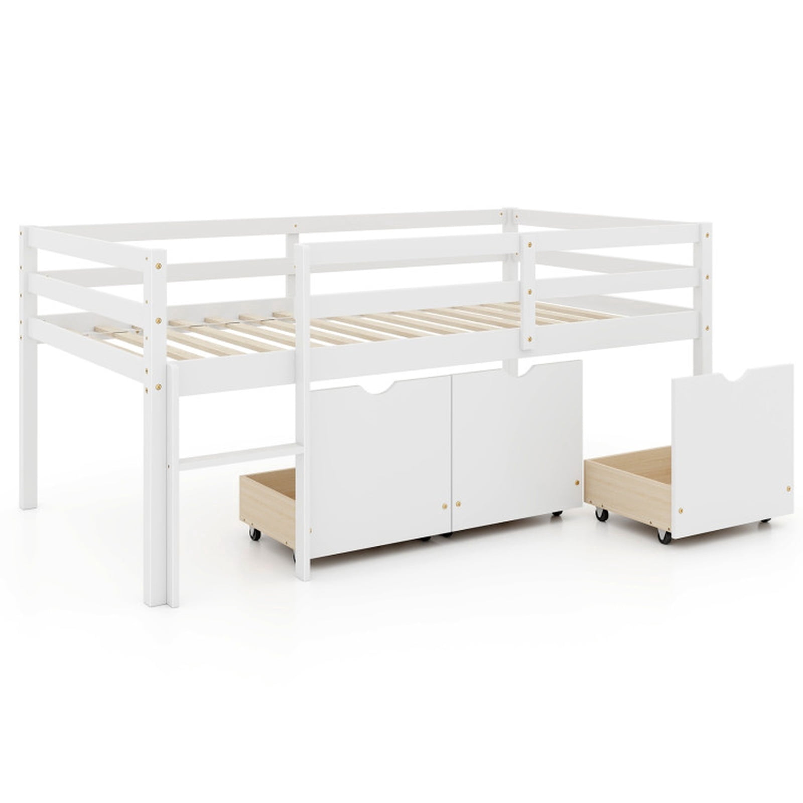Furnibear Twin Size Low Loft Bed with 3 Drawers with Ladder and Full-length Guardrails for Bedroom, White