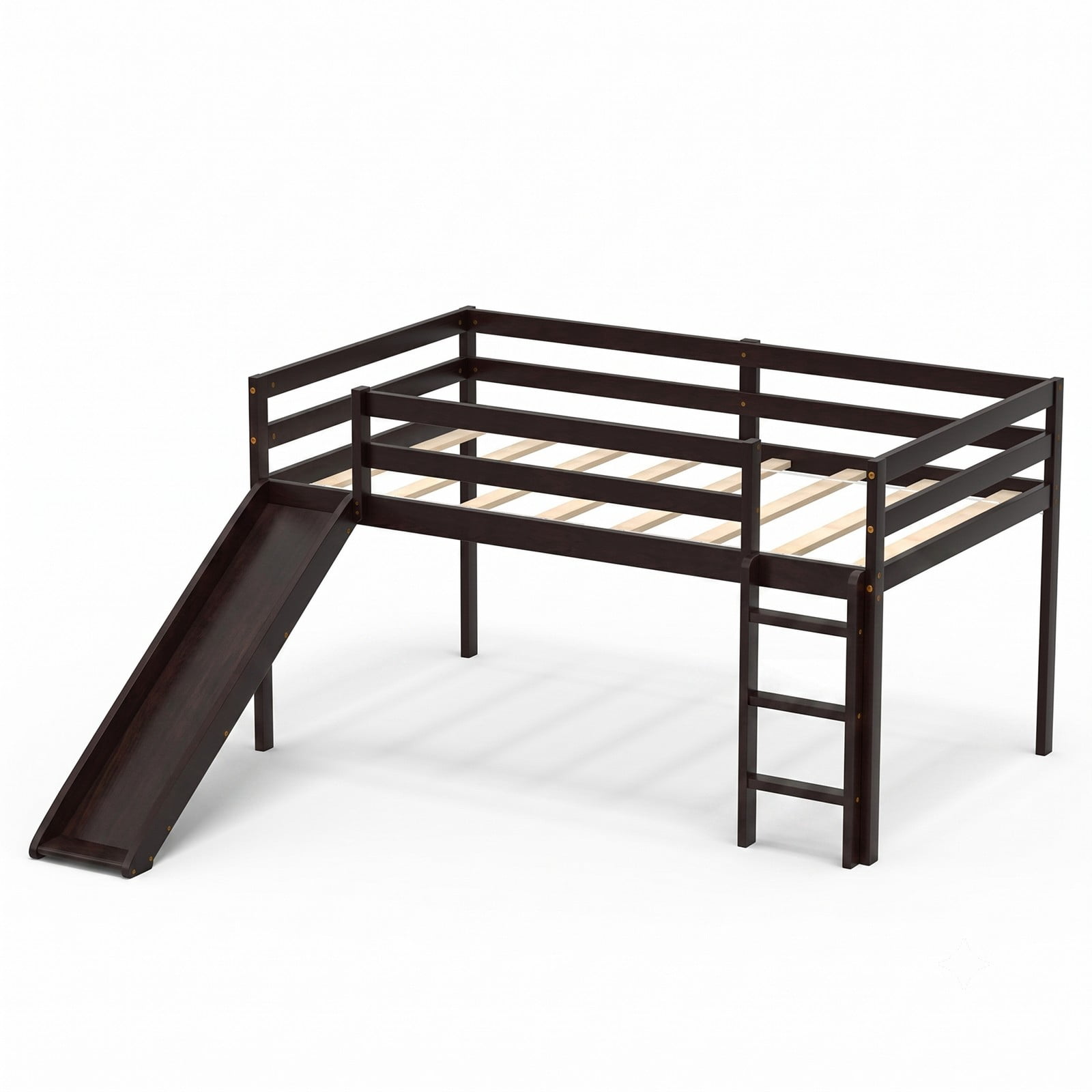 Furnibear Twin Size Low Loft Bed with Slide and Ladder for Kids Bedroom, Sturdy Wood Loft Bed Frame with Guardrails, Space-Saving, Dark Brown