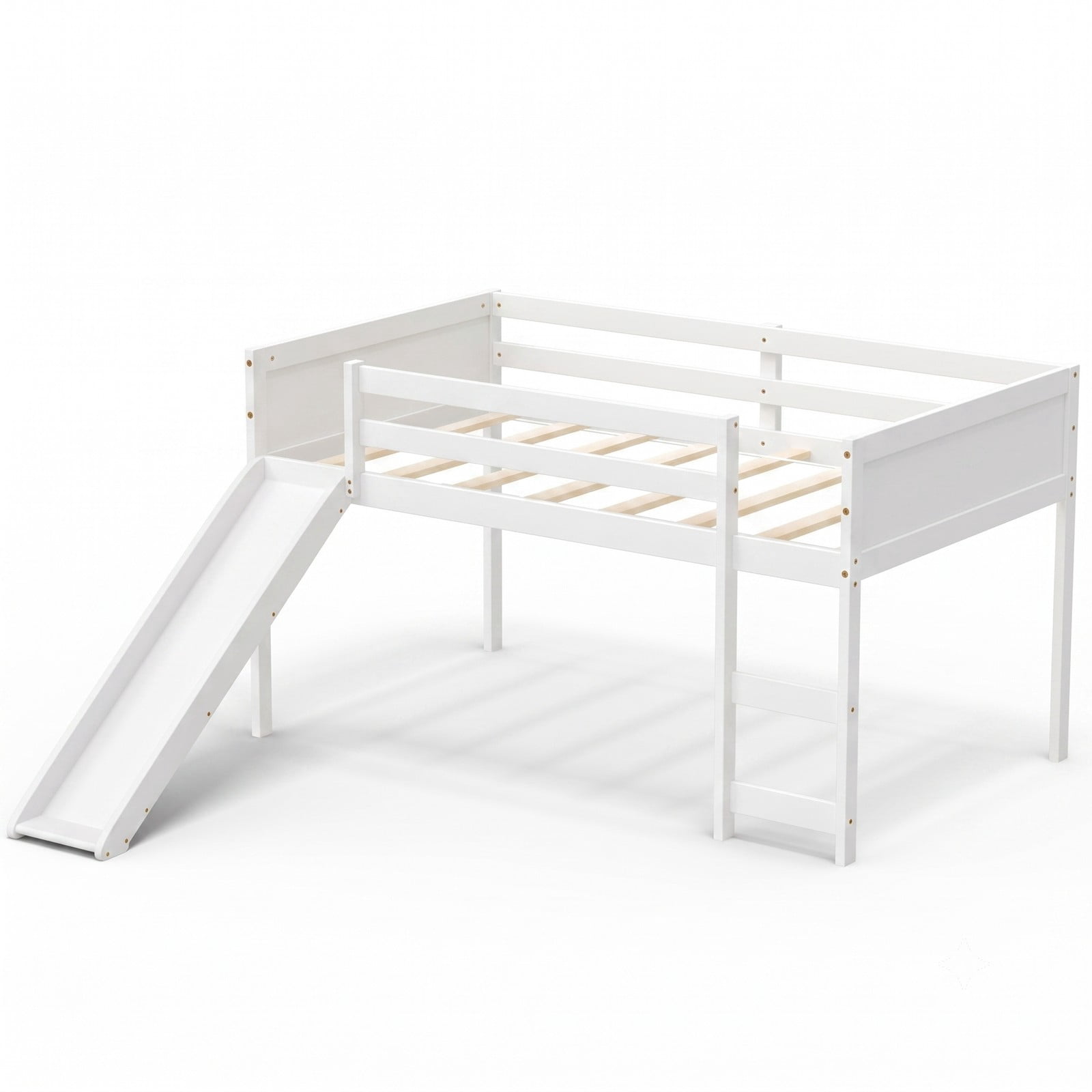 Furnibear Twin Size Low Loft Bed with Slide and Ladder for Kids Bedroom, Sturdy Wood Loft Bed Frame with Guardrails, Space-Saving, White