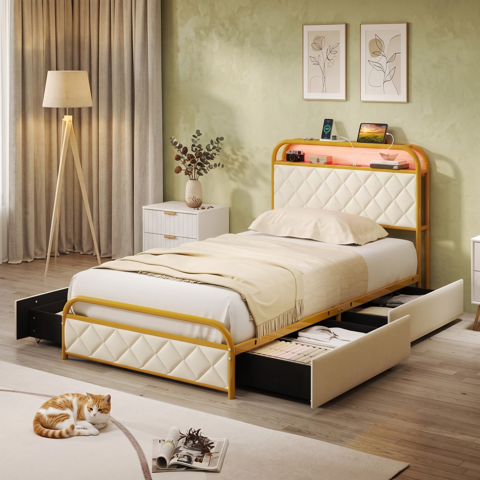 Furnibear Twin Size Metal Bed Frame with LED Lights Charging Station Storage Drawers and Upholstered Headboard for Bedroom, Gold