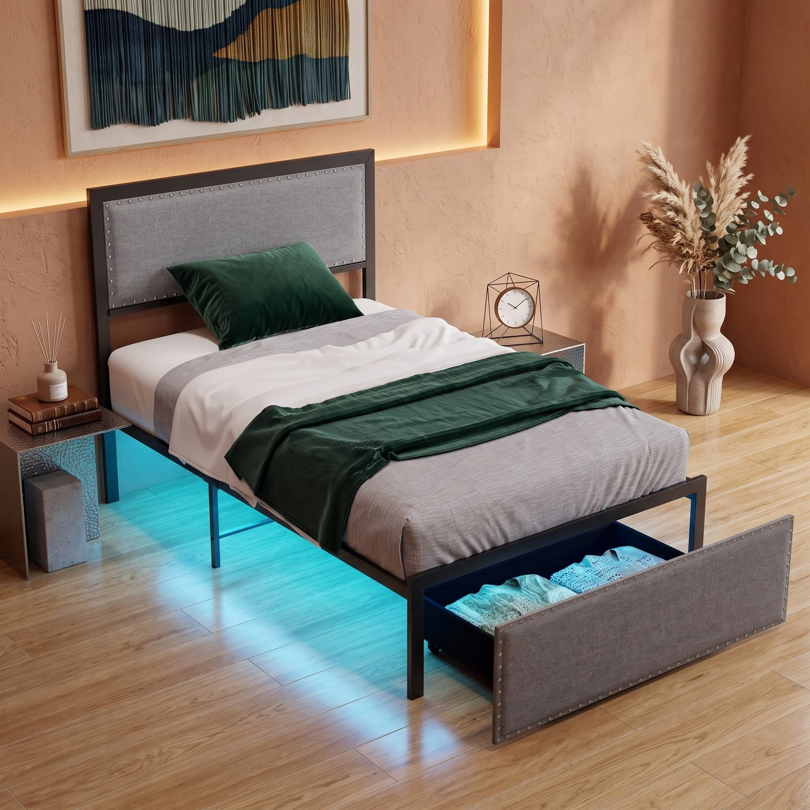 Furnibear Queen Bed Frame with Headboard, Metal Platform Bed with Upholstered Headboard, LED Lights and Storage Drawer, No Box Spring Needed, Gray
