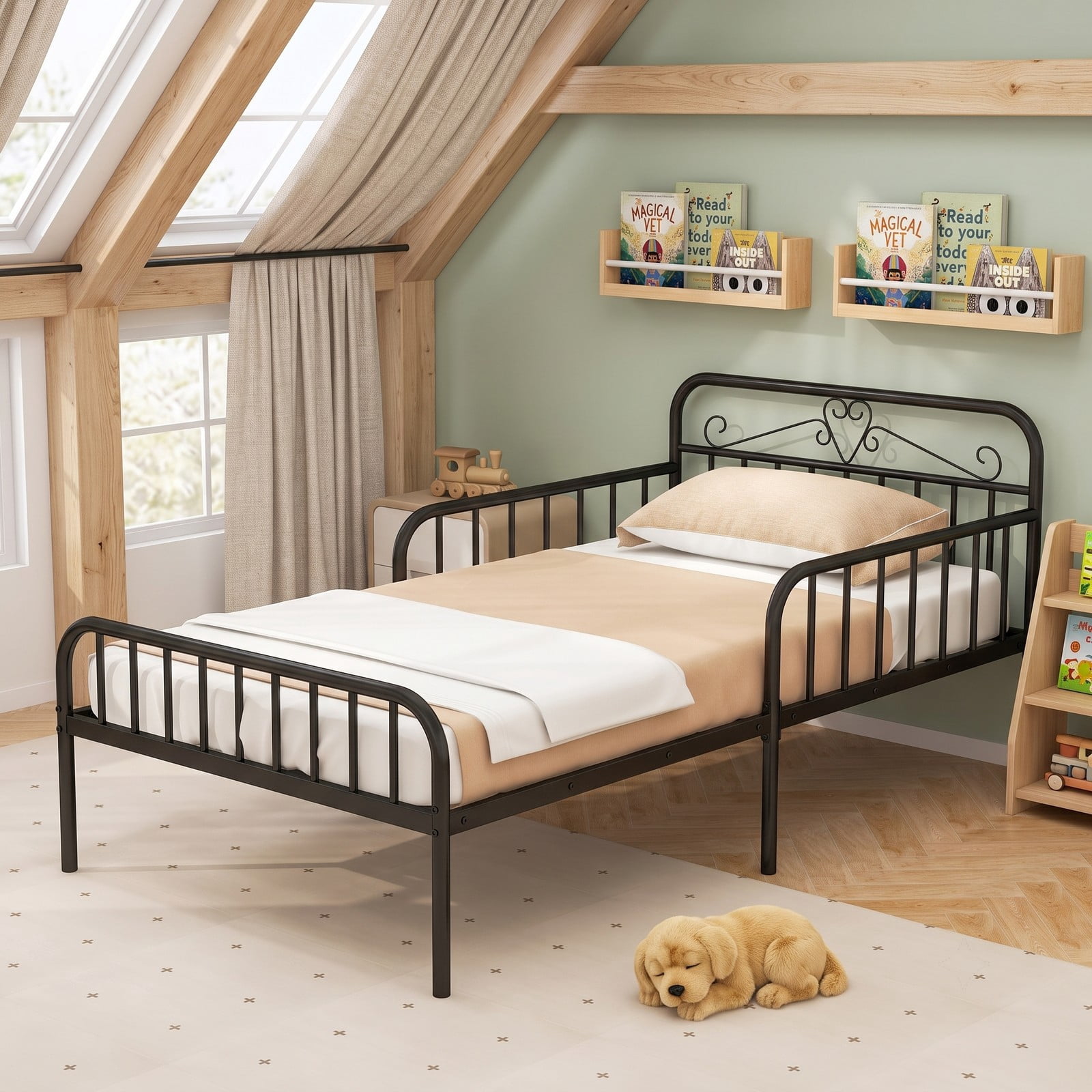 Furnibear Twin Size Metal Kids Bed Frame with Headboard and Safety Side Guardrails for a Boys and Girls Toddler Bedroom, Black