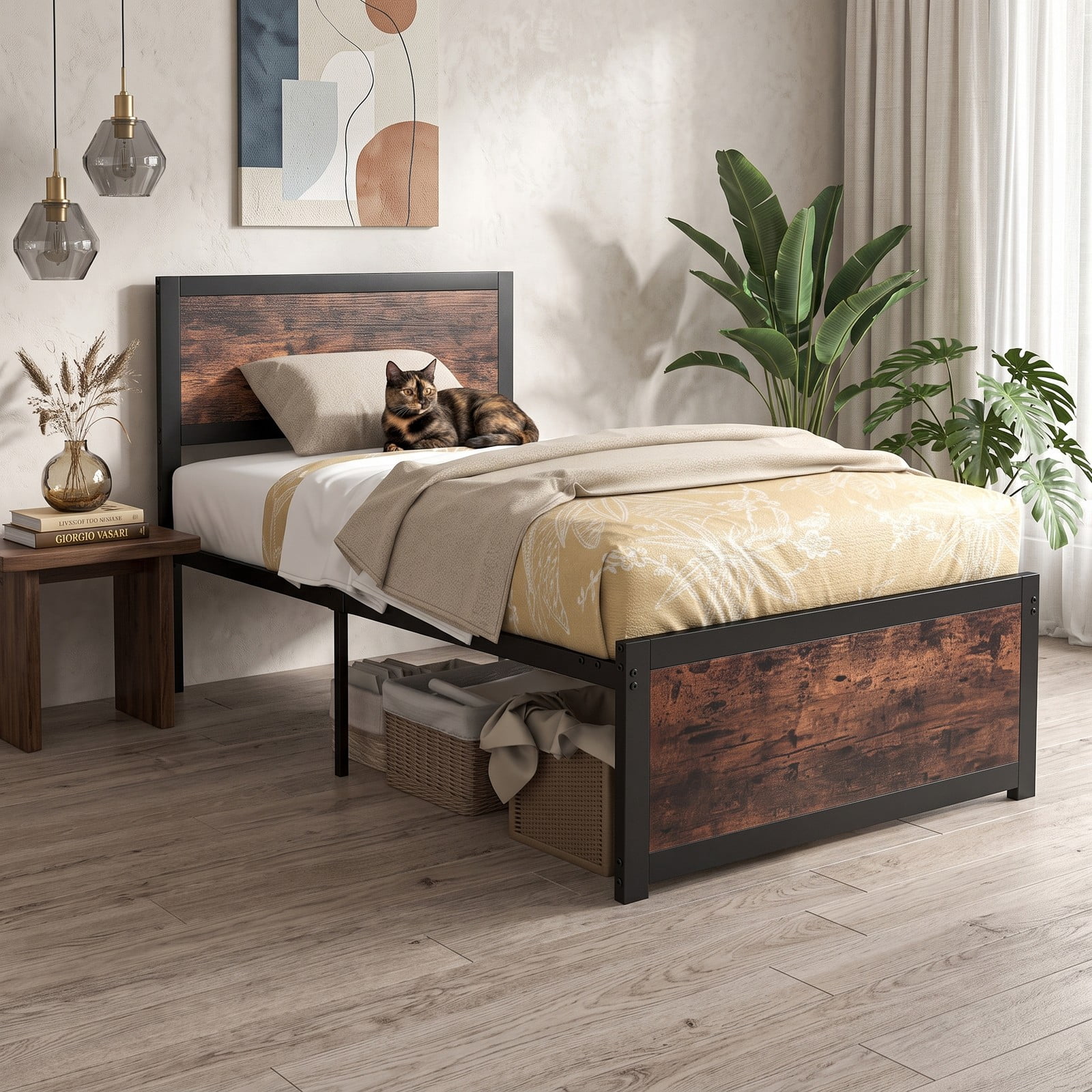 Furnibear Twin Bed Frame with High Wood Headboard, Heavy Duty Metal Platform Bed Frame with Mute Bars for Bedroom, Rustic Brown and Black