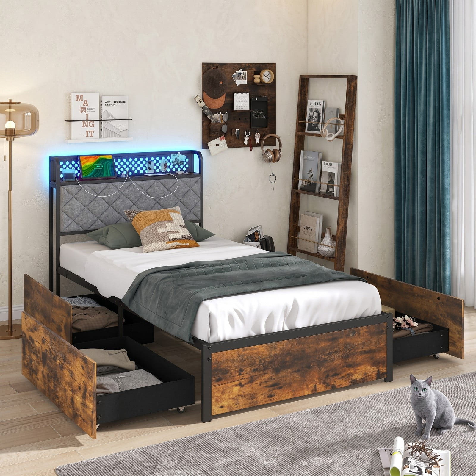 Furnibear Twin Bed Frame with Storage and LED Lights, Upholstered Platform Bed Frame with Headboard and 4 Drawers, Rustic Brown