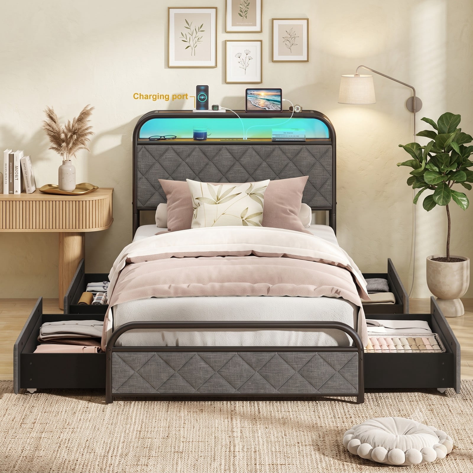 Furnibear Twin Bed Frame Upholstered Platform Bed with Headboard, LED Lights, USB Charging Station and 4 Storage Drawers, Gray