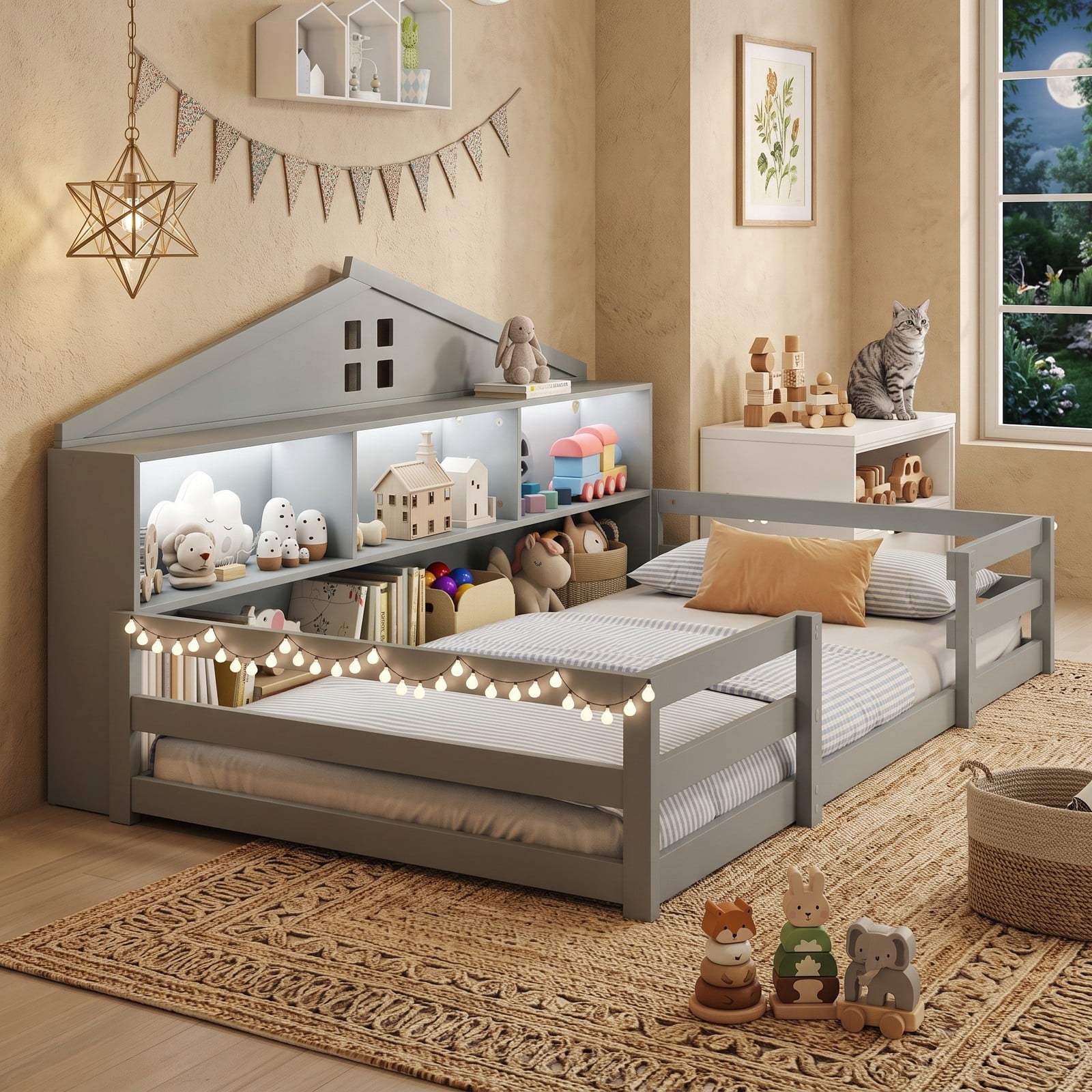 Furnibear Twin Bed Frame Montessori Floor Bed with House Headboard and Storage Shelf, Kids Room Floor Bed Frame with Headboard, Gray