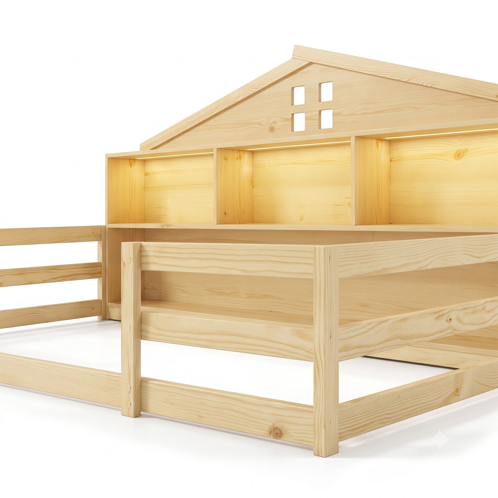 Furnibear Twin Bed Frame Montessori Floor Bed for Kids, House Bed with Headboard Storage and Open Shelf, Low Wood Twin Bed Frame for Bedroom, Natural