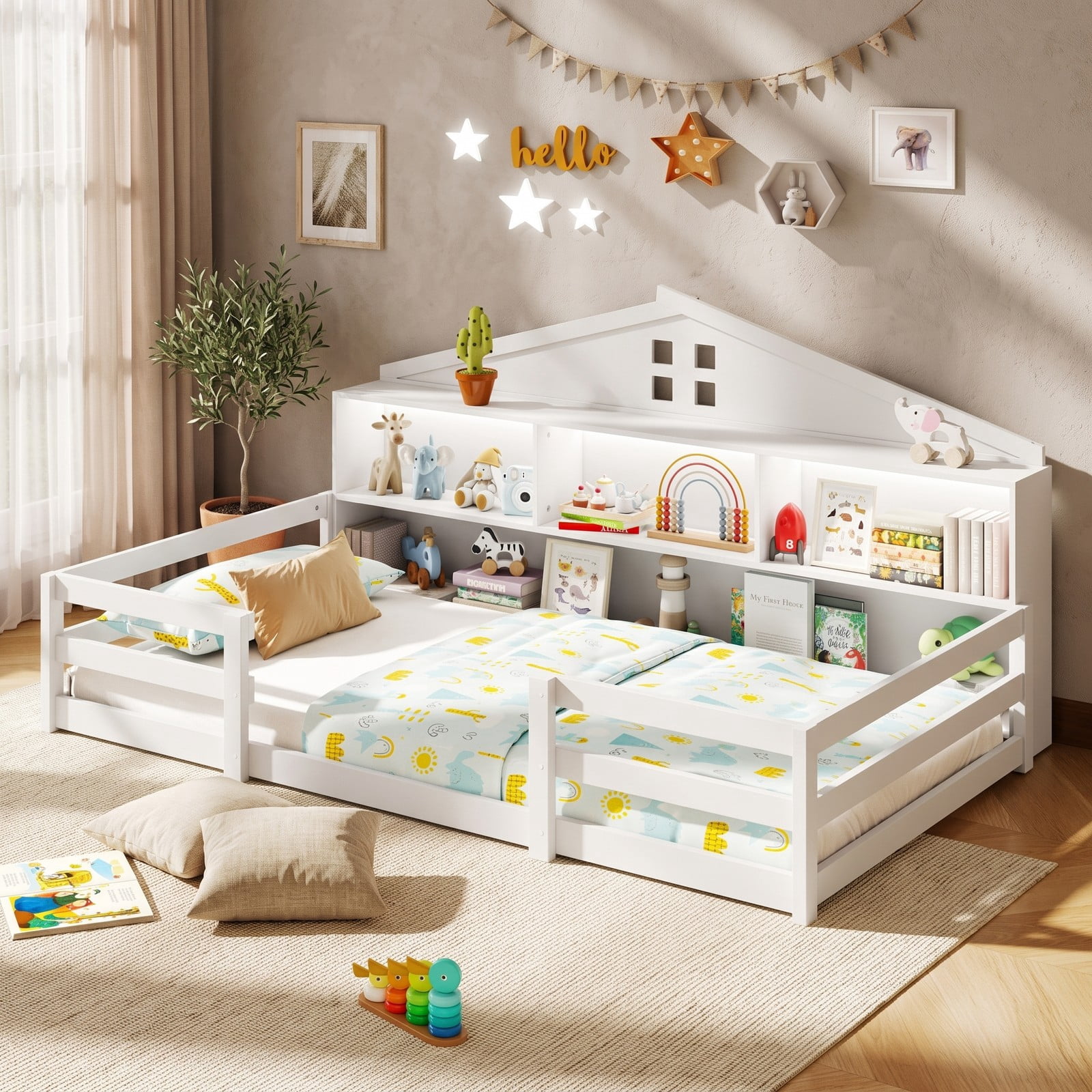 Furnibear Twin Bed Frame Montessori Floor Bed for Kids with House Headboard, Storage Compartments and Open Shelf, White
