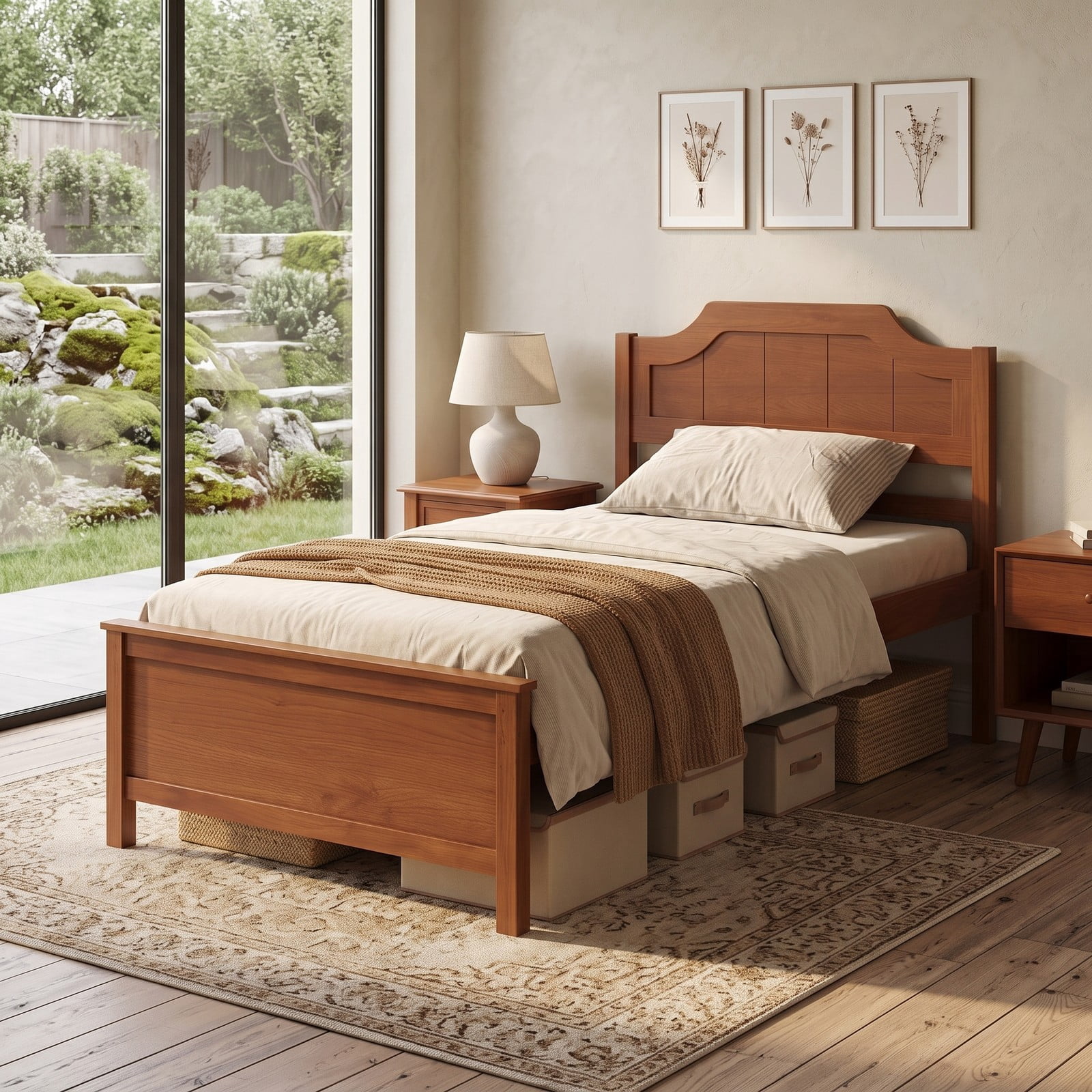 Furnibear Twin Bed Frame with Arched Headboard and Footboard, Pine Wood Platform Bed Frame with Slat Support for Kids Room, Walnut