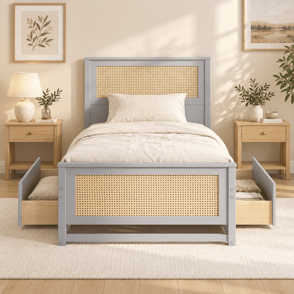 Furnibear Twin Size Bed Frame with Storage, Rattan Platform Bed Frame with 2 Drawers and Woven Headboard, Twin Bed Frame No Box Spring, Gray