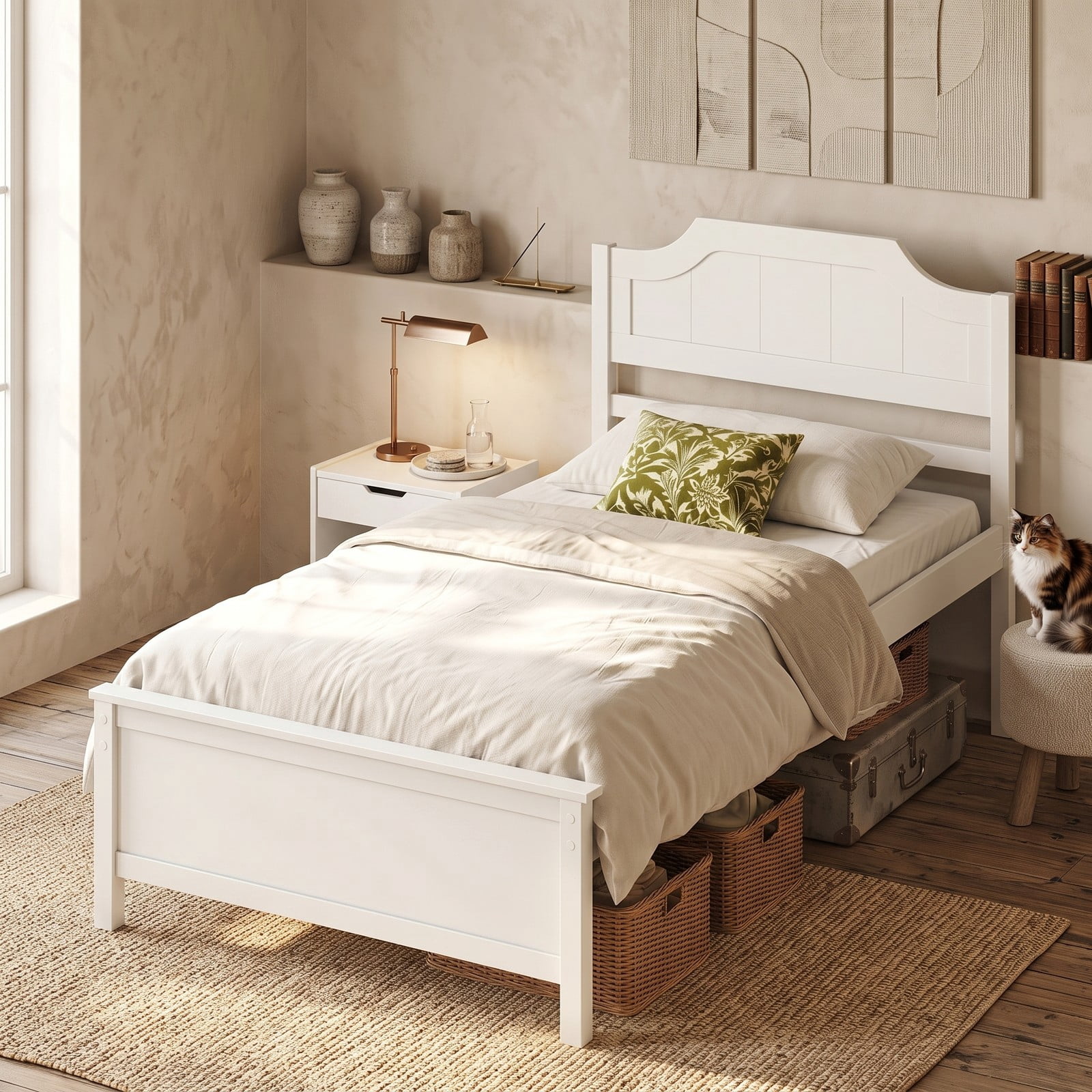Furnibear Twin Bed Frame Solid Wood Platform Bed with Curved Headboard and Footboard, Wood Bed Frame with Headboard No Box Spring, White