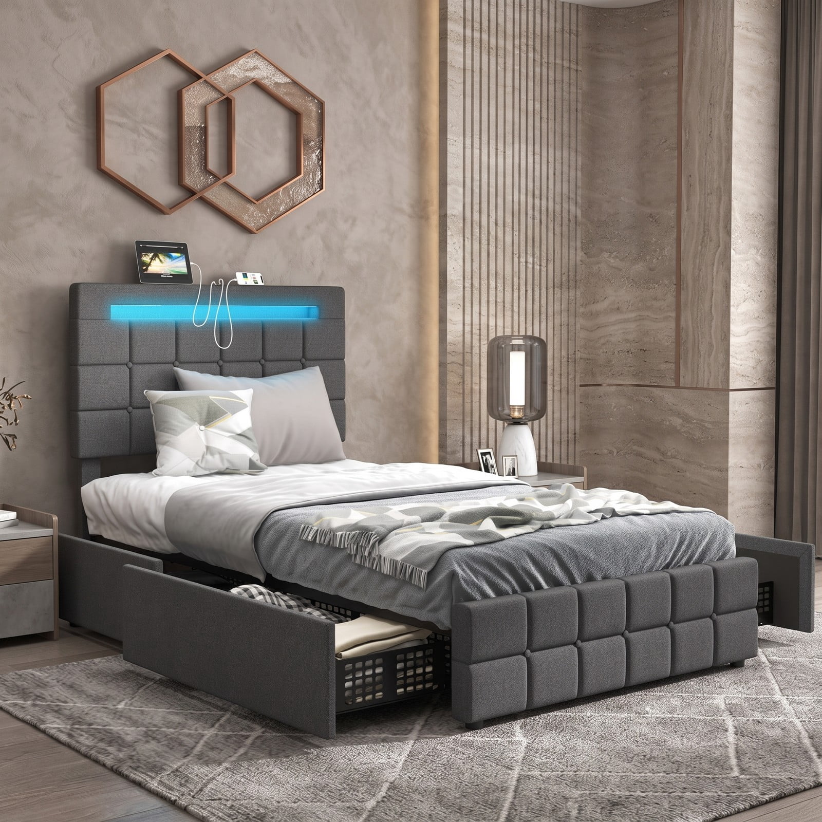 Furnibear Twin Bed Frame, Upholstered Bed Frame with LED Lights and Storage Drawers, Twin Platform Bed with Tufted Headboard for Bedroom, Gray