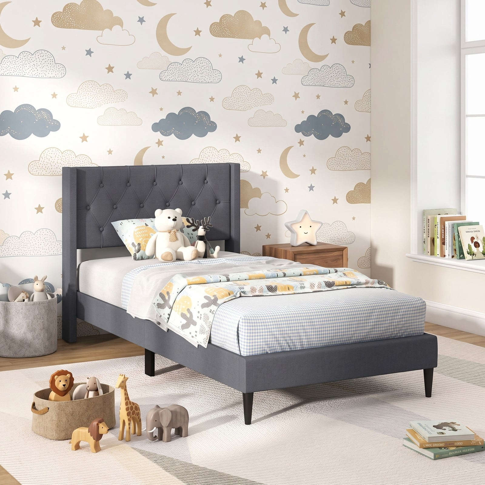 Furnibear Twin Bed Frame Upholstered Platform Bed with Button Tufted Wingback Headboard and Wood Legs, Gray