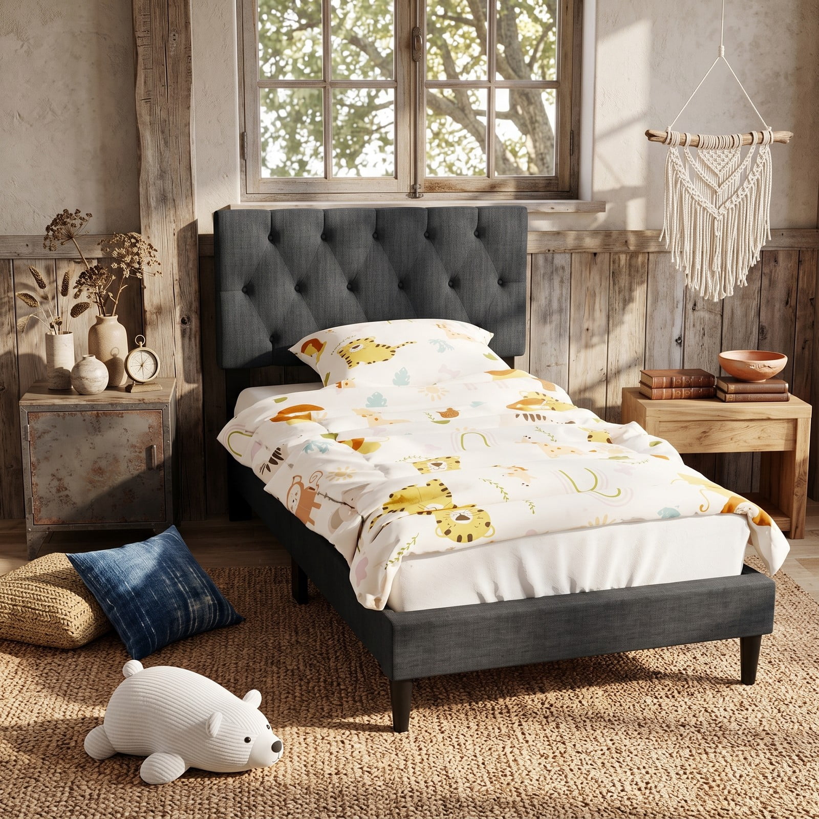 Furnibear Twin Bed Frame, Upholstered Platform Bed Frame with Tufted Wingback Headboard, Twin Bed Frame with Headboard and Slat Support, Gray