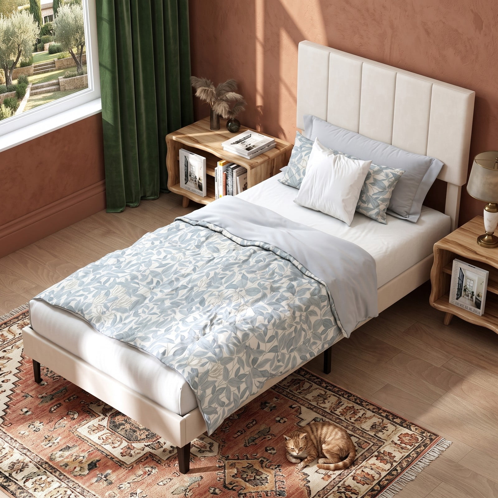 Furnibear Twin Size Velvet Upholstered Platform Bed Frame with Adjustable Vertical Channel Headboard and Wood Slat Support, Beige