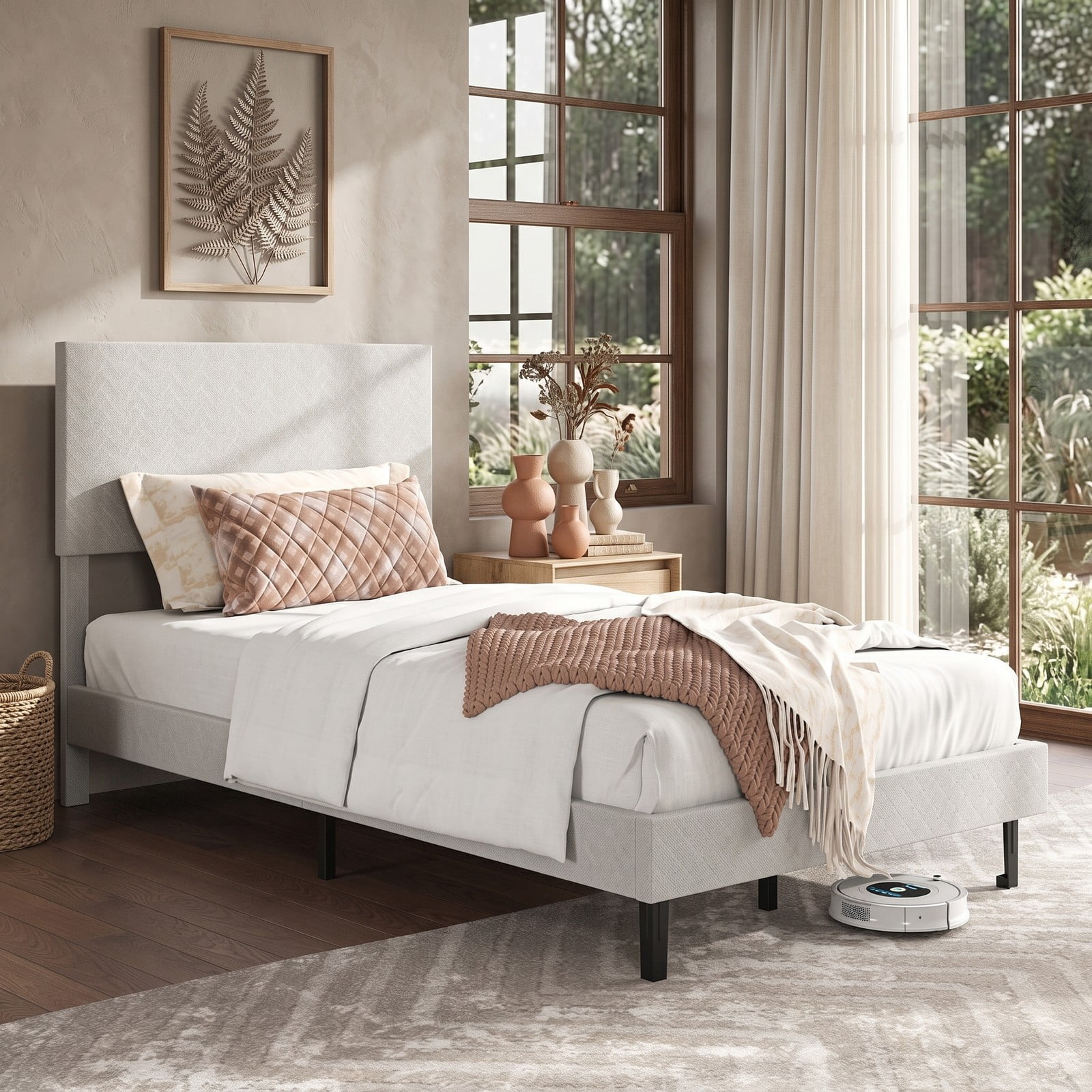 Furnibear Twin Bed Frame Velvet Upholstered Platform Bed with Height Adjustable Chevron Headboard and Wooden Slats, Beige