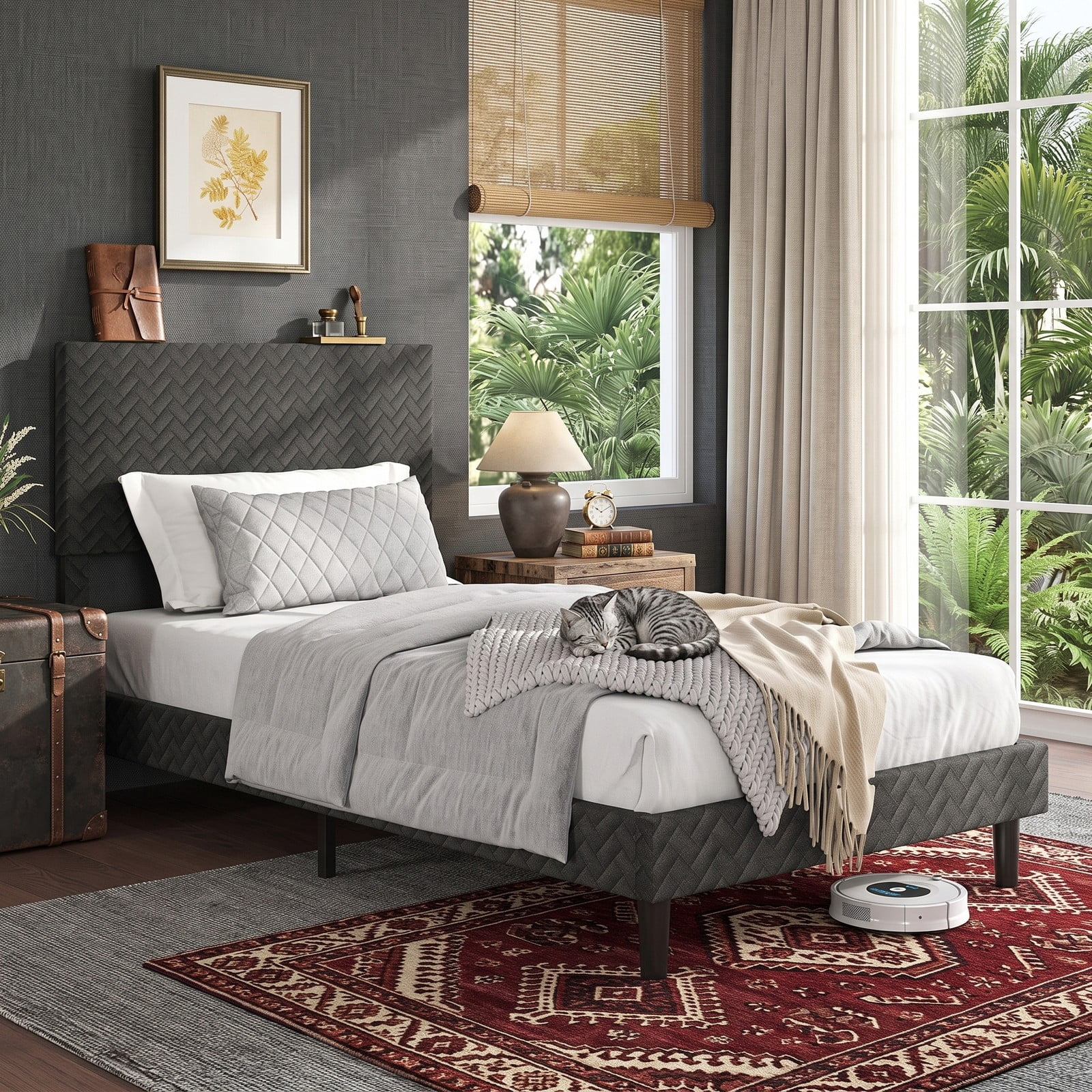 Furnibear Twin Bed Frame with Headboard, Velvet Upholstered Platform Bed with Height Adjustable Chevron Headboard and Wood Slats, Gray