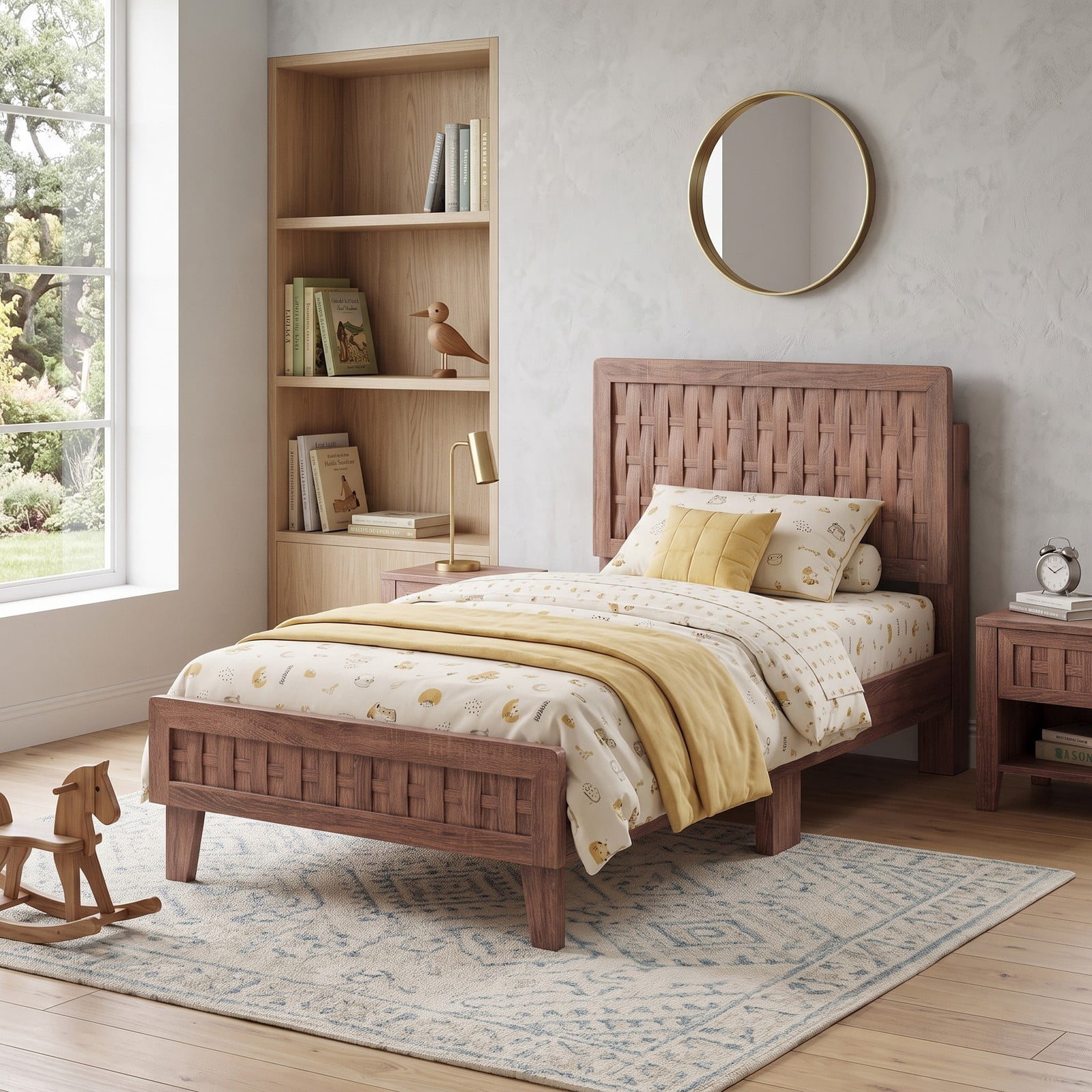 Furnibear Twin Bed Frame Wood Platform Bed with Woven Accent Headboard and 12 Plywood Slats for Kids Room, Walnut