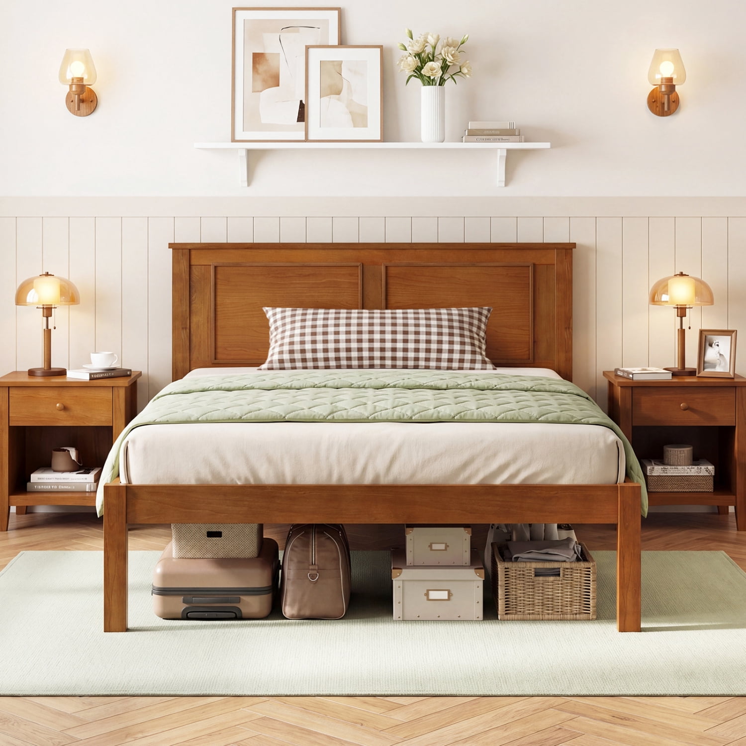 Furnibear Twin Size Wood Platform Bed Frame with Paneled Headboard and Plywood Slat Support for Farmhouse Bedroom, Walnut