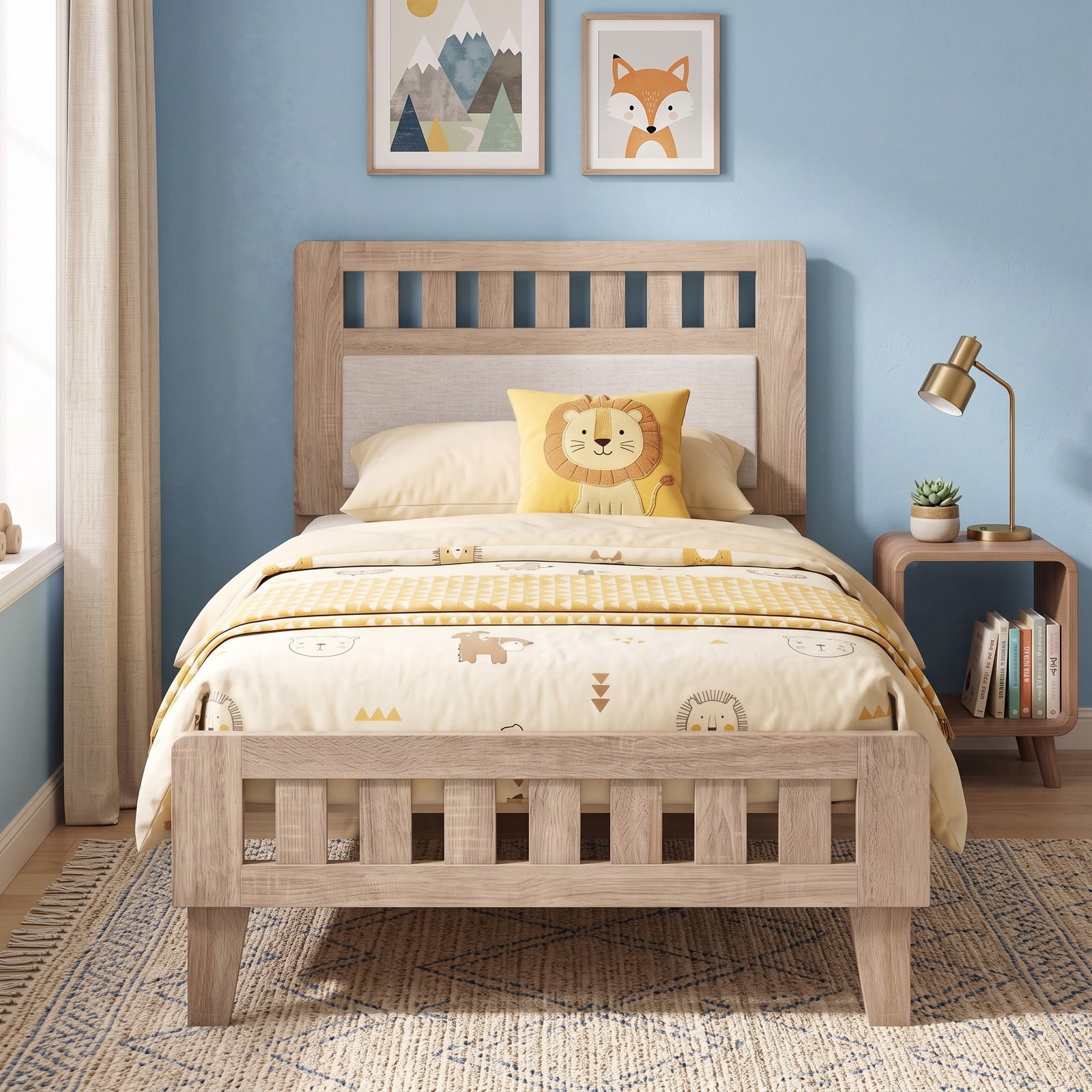 Furnibear Twin Bed Frame with Upholstered Headboard, Wood Platform Bed Frame Mid Century Style, No Box Spring, Rustic Oak and Beige