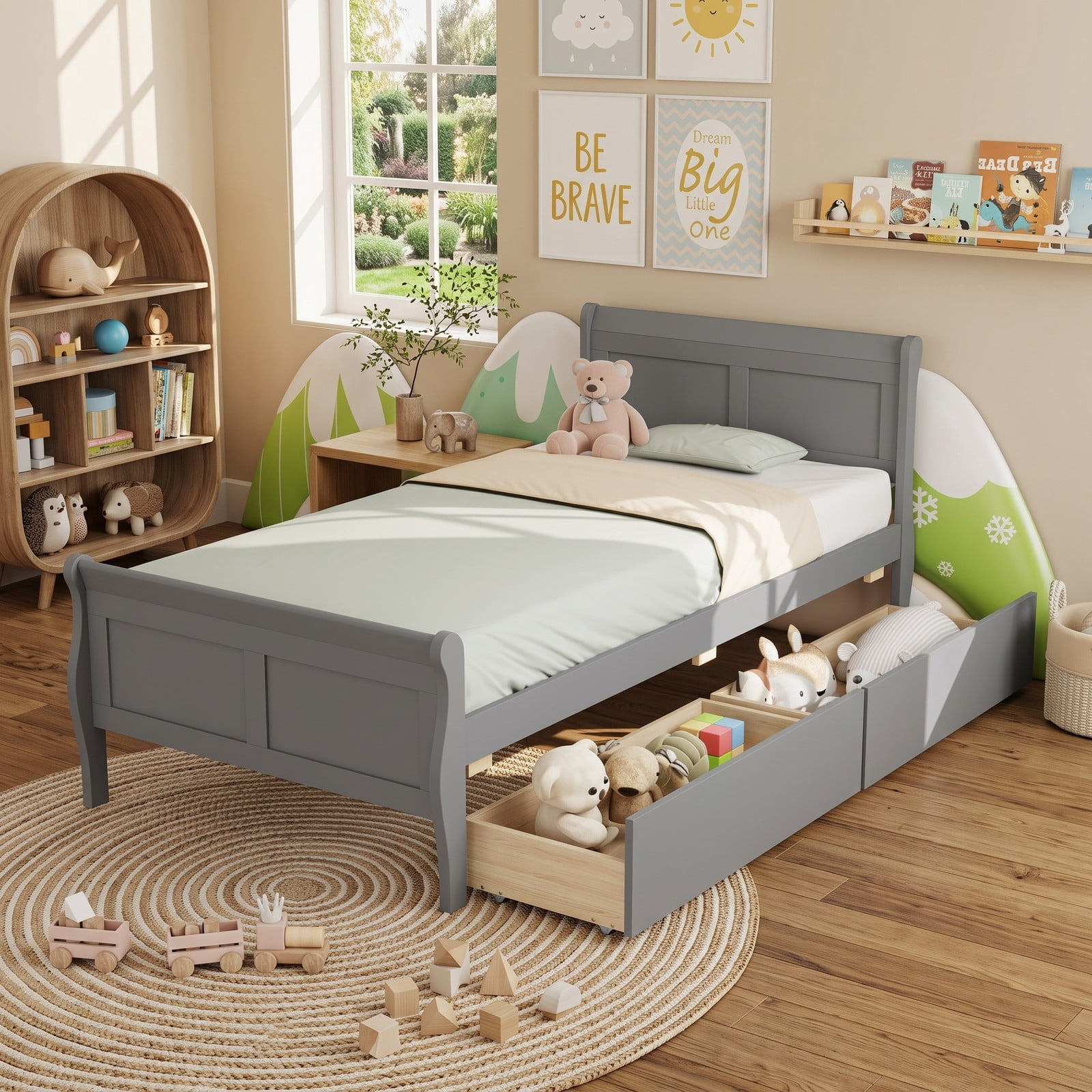 Furnibear Twin Bed Frame with Storage, Wood Sleigh Bed with 2 Storage Drawers and Curved Headboard, Space Saving, Gray