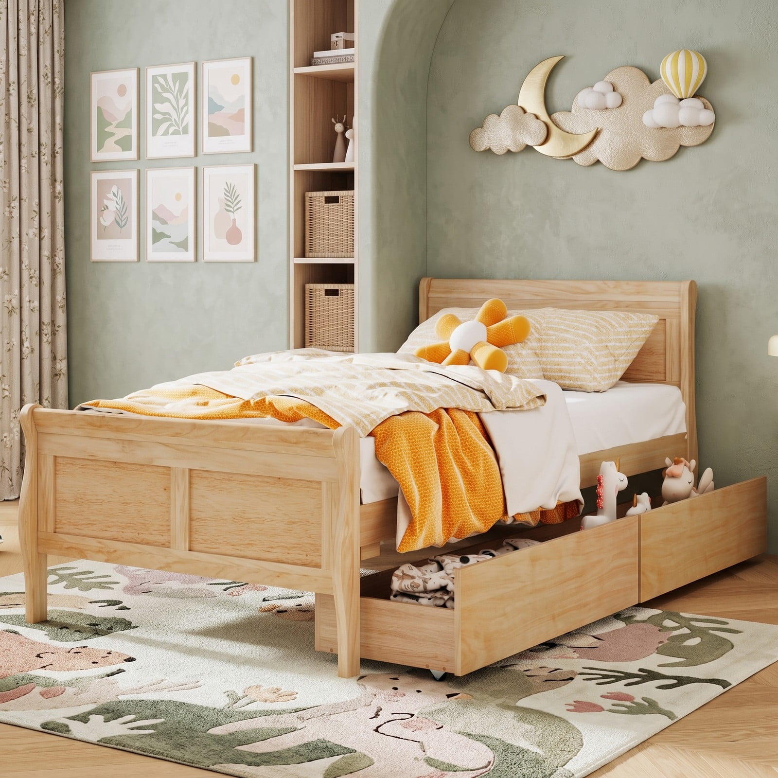 Furnibear Twin Bed Frame with 2 Storage Drawers, Wood Sleigh Platform Bed Frame with Storage and Curved Headboard for Kids Room and Bedroom, Natural