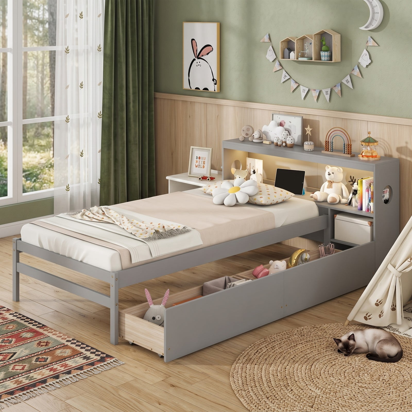 Furnibear Twin Bed Frame with Storage, Wood Bed Frame with LED Bookcase Headboard Nightstand and 2 Drawers for Bedroom, No Box Spring Needed, Gray