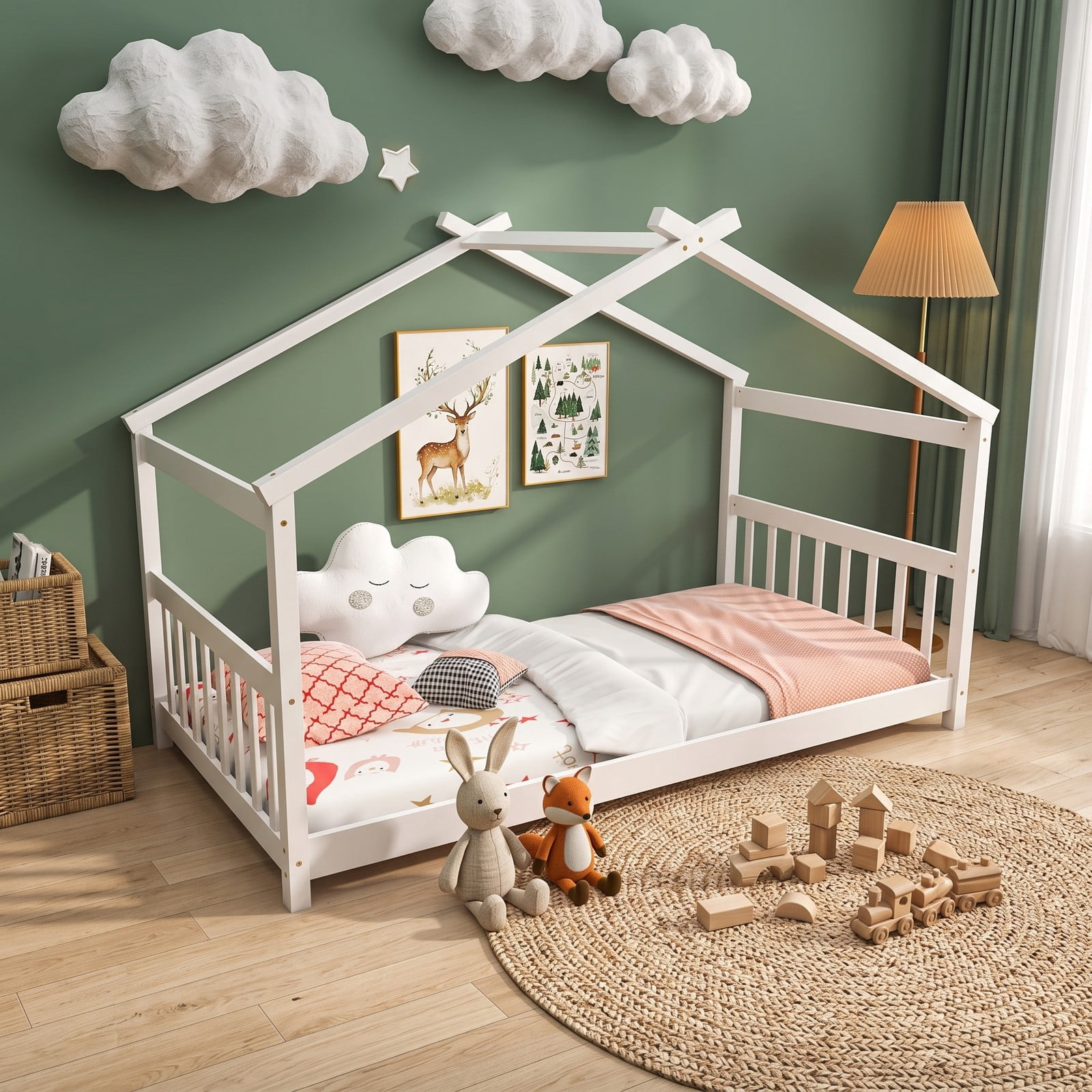 Furnibear Twin Size Wooden House Bed Frame with Roof and Half Rails for a Kids Boys and Girls Toddler Montessori Bedroom, White