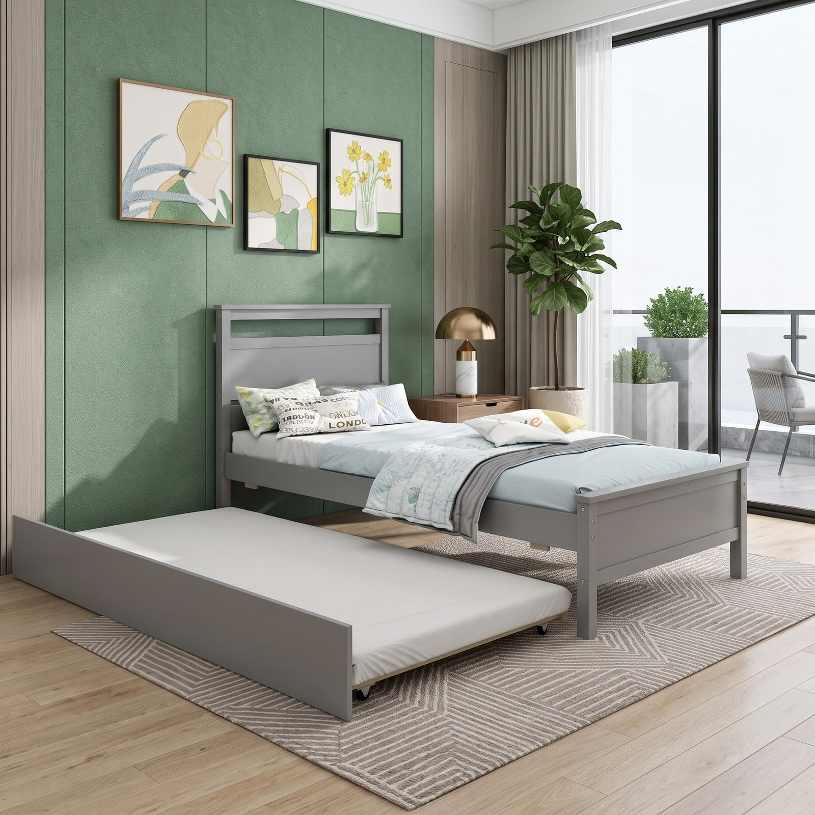 Furnibear Twin Bed Frame with Trundle, Wooden Platform Bed with Roll-Out Trundle and Plank Headboard, No Box Spring Needed, Gray